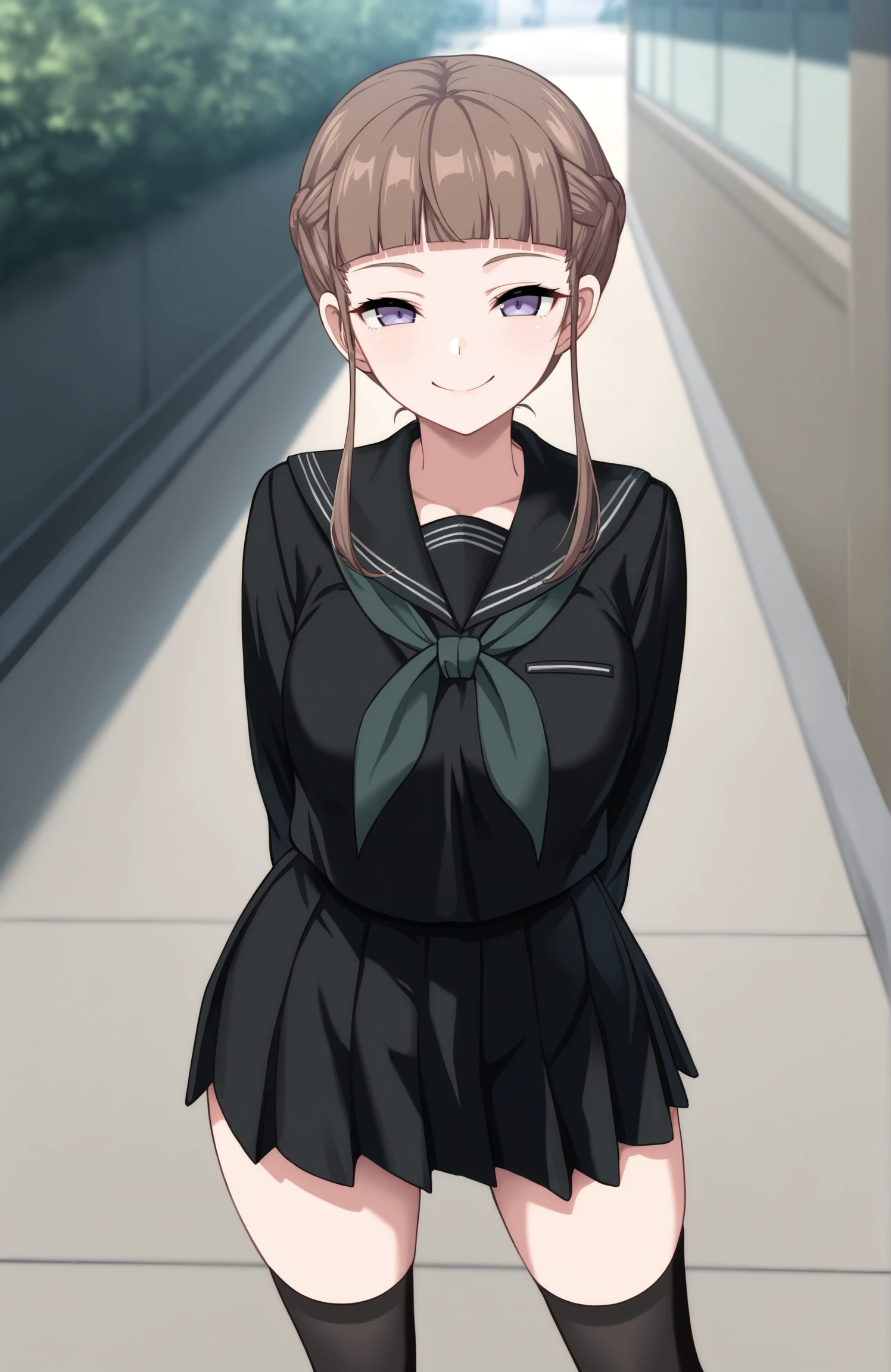 masterpiece, best quality, 1girl, blunt bangs, purple eyes, brown hair, short hair, sidelocks, half up braid, black serafuku, green neckerchief, pleated skirt, black skirt, black thighhighs, standing, legs apart, outdoors, facing viewer, looking at viewer, smile, <lora:Nemu NXL2:1>
