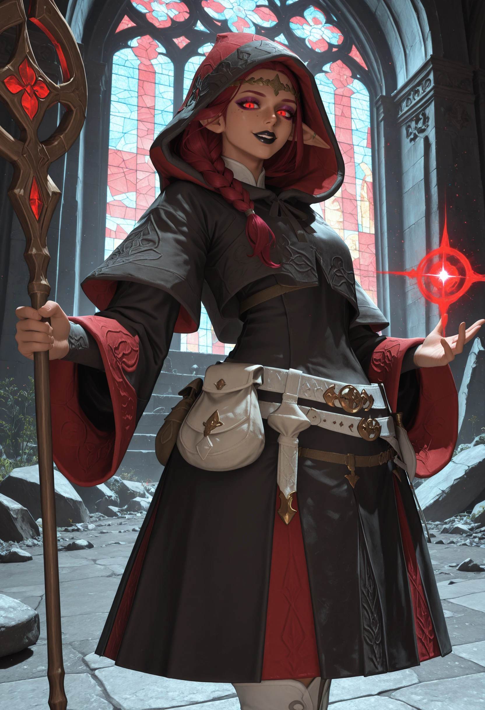 , best quality, absurdres, highres, newest, <lora:cfg_scale_boost:.7>, 1girl, solo , church, stained glass, <lora:WhiteMage_IL:1> whmaf, black robe, white belt, belt pouch, white boots, gold circlet, hood, hood up, holding staff, dynamic pose, casting spell, looking at viewer, dark-skinned female, night, ruins, freckles, red hair, red eyes, single braid, hair over shoulder, cowboy shot, elf,
naughty face, black lips, eyeshadow, glowing eyes,