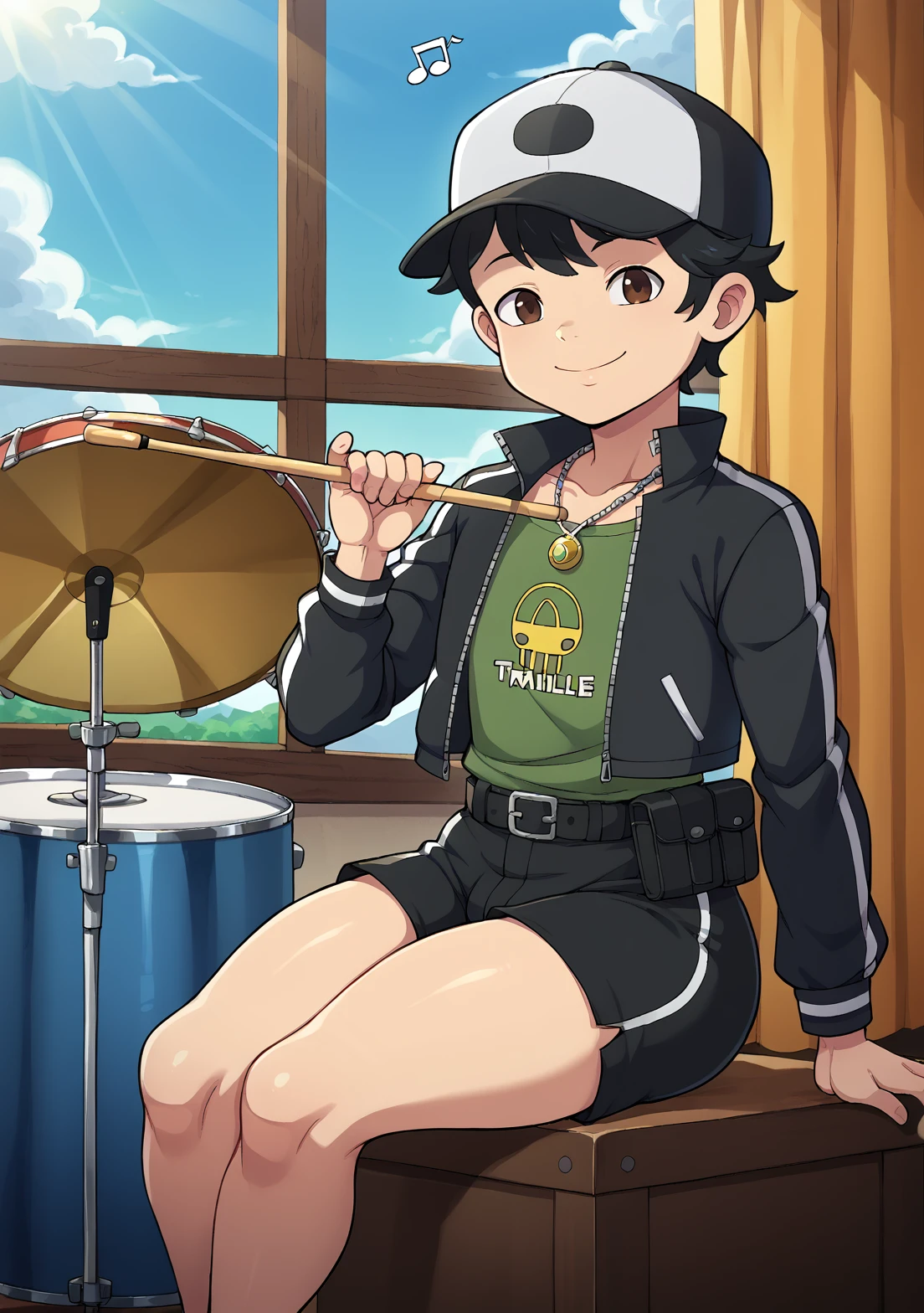 score_9, score_8_up, score_7_up, source_anime, BREAK, Max_(Dragon Tales), ((1boy, solo, aged up, broad shoulders, collarbone, tall, muscular, femboy, hips)), @Whiplashaarts,BlackWhiplash,BlackWhiplash Style, ((black hair, spikey hair)), brown eyes, smiling,  sky,  cloud, window, indoors, drumset, drums, black footwear, long legs, ((black baggy shorts, calf length)), silver necklace, black baseball cap,  ((bright green with black pattern shirt)), collared black jacket, long sleeved, zipper, black pouch, black belt, sitting, holding drumstick, music notes, sunlight, broad shoulders, <lora:Max_Dragon_Tales-000010 (1):0.7> <lora:BlackWhiplash__Whiplashaarts_XL:0.8>