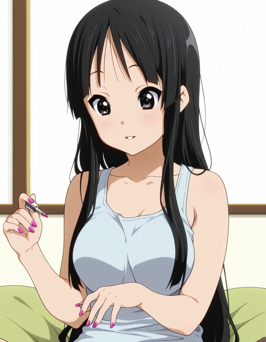 masterpiece, best quality, amazing quality,, <lora:mio-akiyama-s2-illustriousxl-lora-nochekaiser:1>, mio akiyama, akiyama mio, long hair, bangs, black hair, black eyes, hime cut, mature female, medium breasts, anime screencap, <lora:applying-manicure-illustriousxl-lora-nochekaiser:1>, applying manicure, looking down, blush, smile, bare shoulders, sitting, collarbone, nail polish, sdolphin shorts, tank top, fingernails, parted lips,,