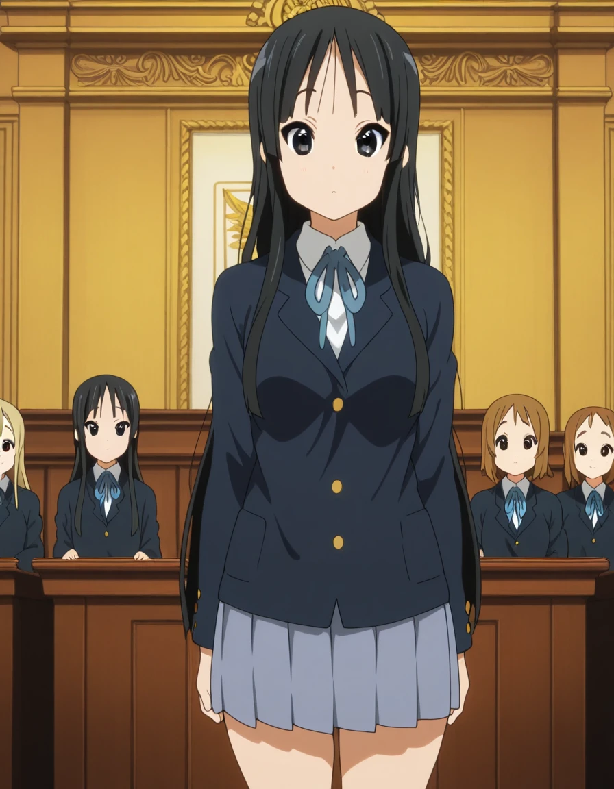 masterpiece, best quality, amazing quality,, <lora:mio-akiyama-s2-illustriousxl-lora-nochekaiser:1>, mio akiyama, akiyama mio, long hair, bangs, black hair, black eyes, hime cut, mature female, medium breasts, anime screencap, sakuragaoka high school uniform, school uniform, uniform, blazer, shirt, white shirt, collared shirt, skirt, pleated skirt,, v,, courtroom, judge, witness_stand, audience, formality, cowboy shot, solo, looking at viewer