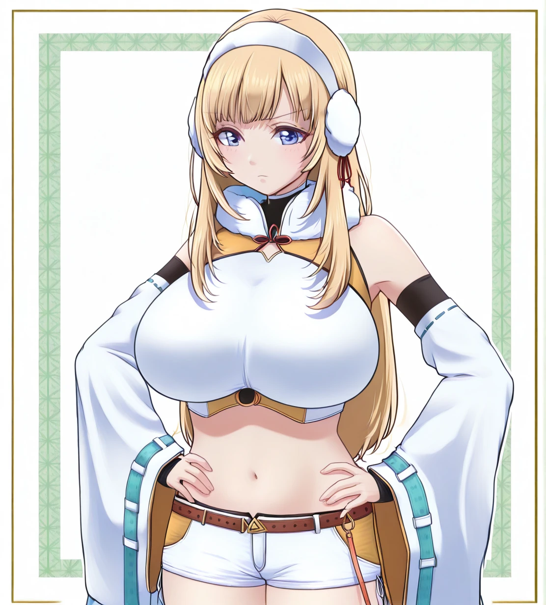1girl, evelysse (star ocean), wild hips, huge breasts, bare shoulders, blonde hair, blue eyes, breasts, closed mouth, detached sleeves, earmuffs, hairband, hands on own hips, long hair, long sleeves, navel, short shorts, shorts, solo, white hairband, white shorts, wide sleeves,
intricate details,detailed background, <lora:anatomy_helper:1> <lora:noobaiXLNAIXL_epsilonPred11Version-lora:0.1> <lora:azk:1.3>