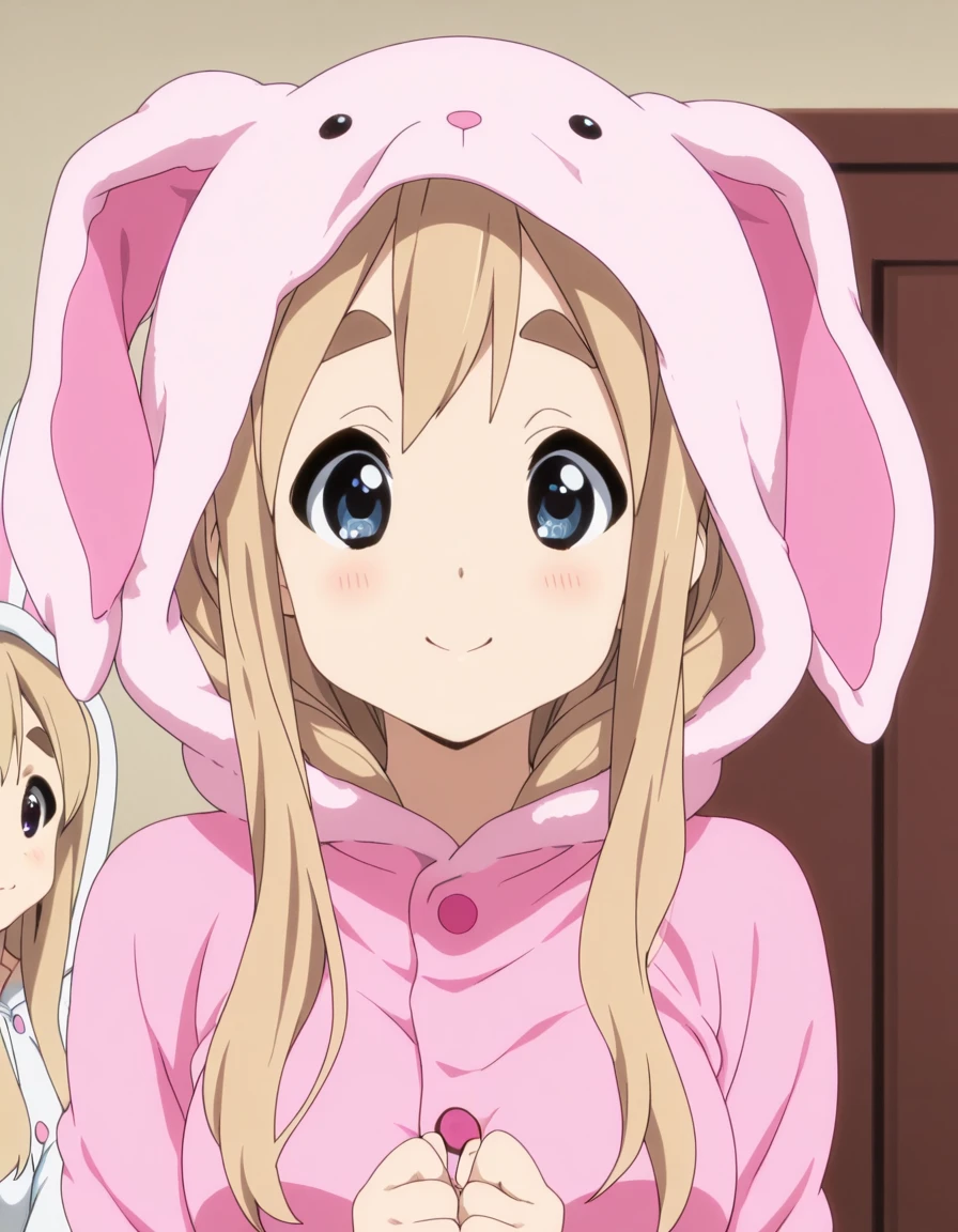 masterpiece, best quality, amazing quality,, <lora:tsumugi-kotobuki-s2-illustriousxl-lora-nochekaiser:1>, tsumugi kotobuki, kotobuki tsumugi, long hair, blue eyes, blonde hair, thick eyebrows, mature female, medium breasts, anime screencap, <lora:easter-bunny-cosplay-illustriousxl-lora-nochekaiser:1>, easter bunny cosplay, looking at viewer, blush, smile, long sleeves, animal ears, pajamas, animal hood, animal costume, rabbit hood, rabbit costume,,