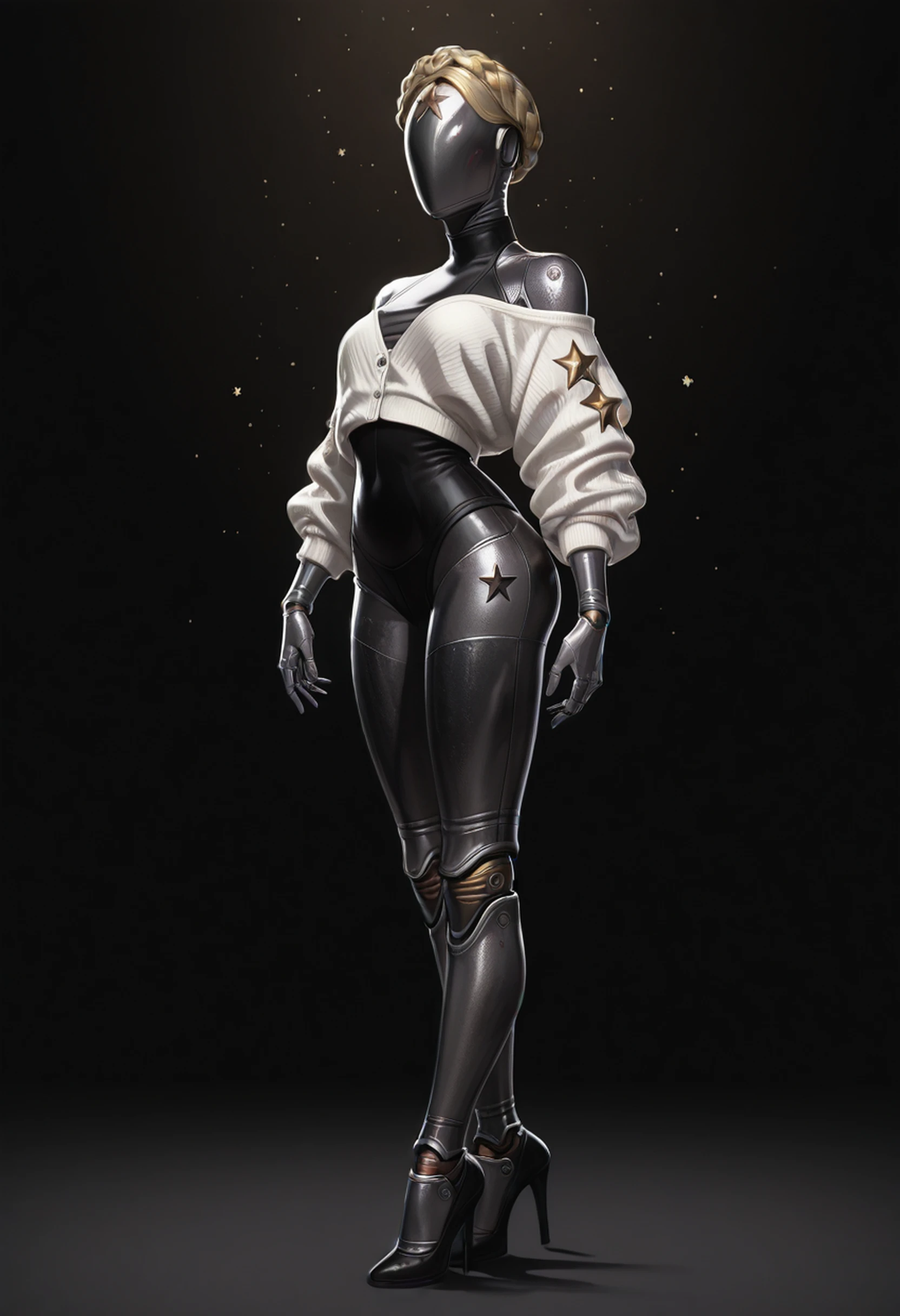 masterpiece, best quality, absurdres, highres, extremely high detail,
<lora:ILAHTwins:1.0>
AHTwins, 1girl, robot, no face, metallic skin, doll joints, blonde hair, braid, star (symbol), looking at viewer, wearing a white jacket over an off-the-shoulder outfit, black leather pants and high heels, dynamic pose