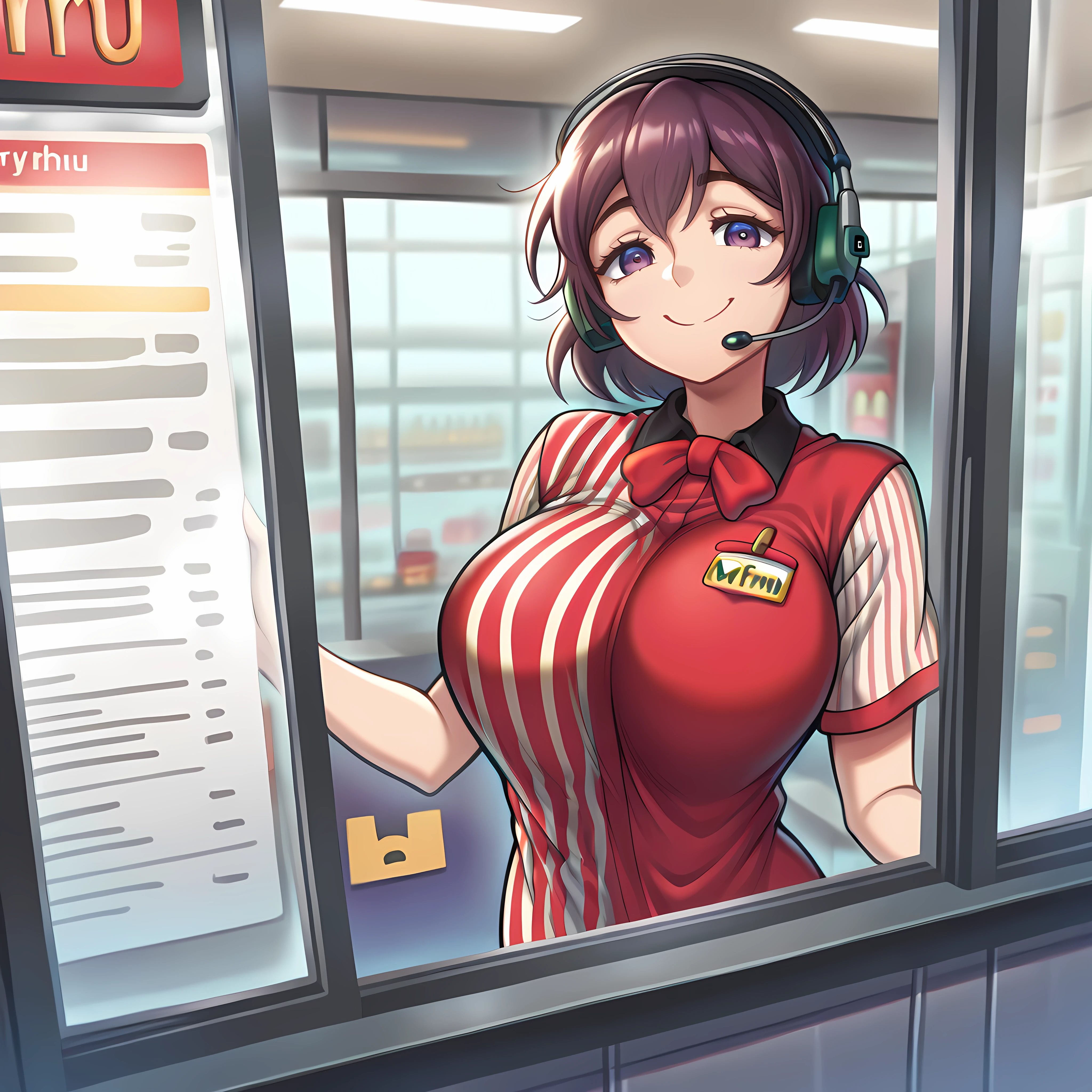thick completely nude girl at wendy's only wearing an apron with the wendy's logo at the register
