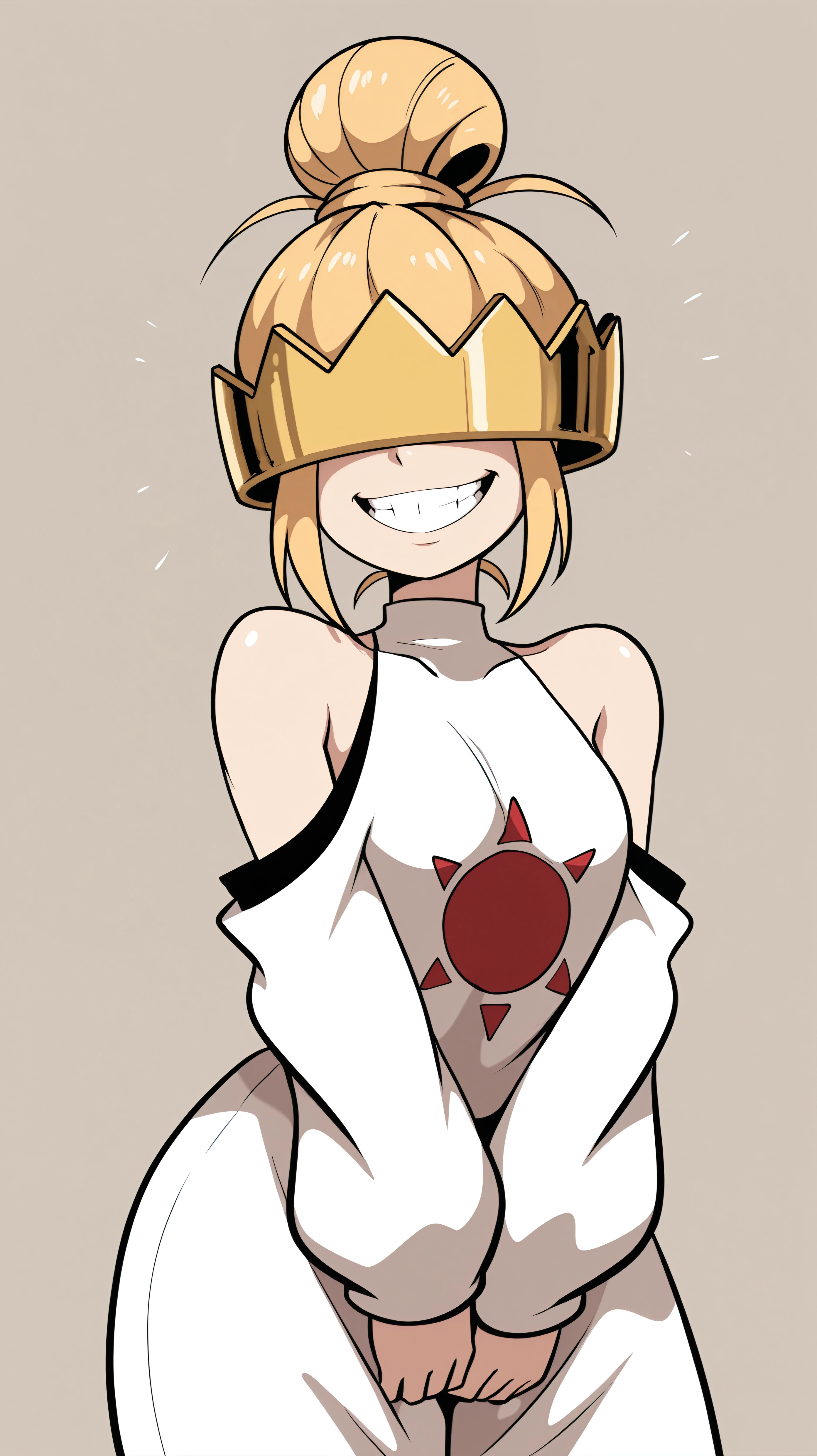 masterpiece, best quality, amazing quality, girl, playing with her hair, <lora:bdastyle - Illu_epoch_15:0.9>, bdastyle, <lora:Haumea - Illu:0.8> blonde hair, single hair bun, covered eyes, crown, ashenf uniform, bare shoulders, shoulder cutout, white outfit, halterneck, baggy clothes, baggy pants, large smile, teeth together, simple background,