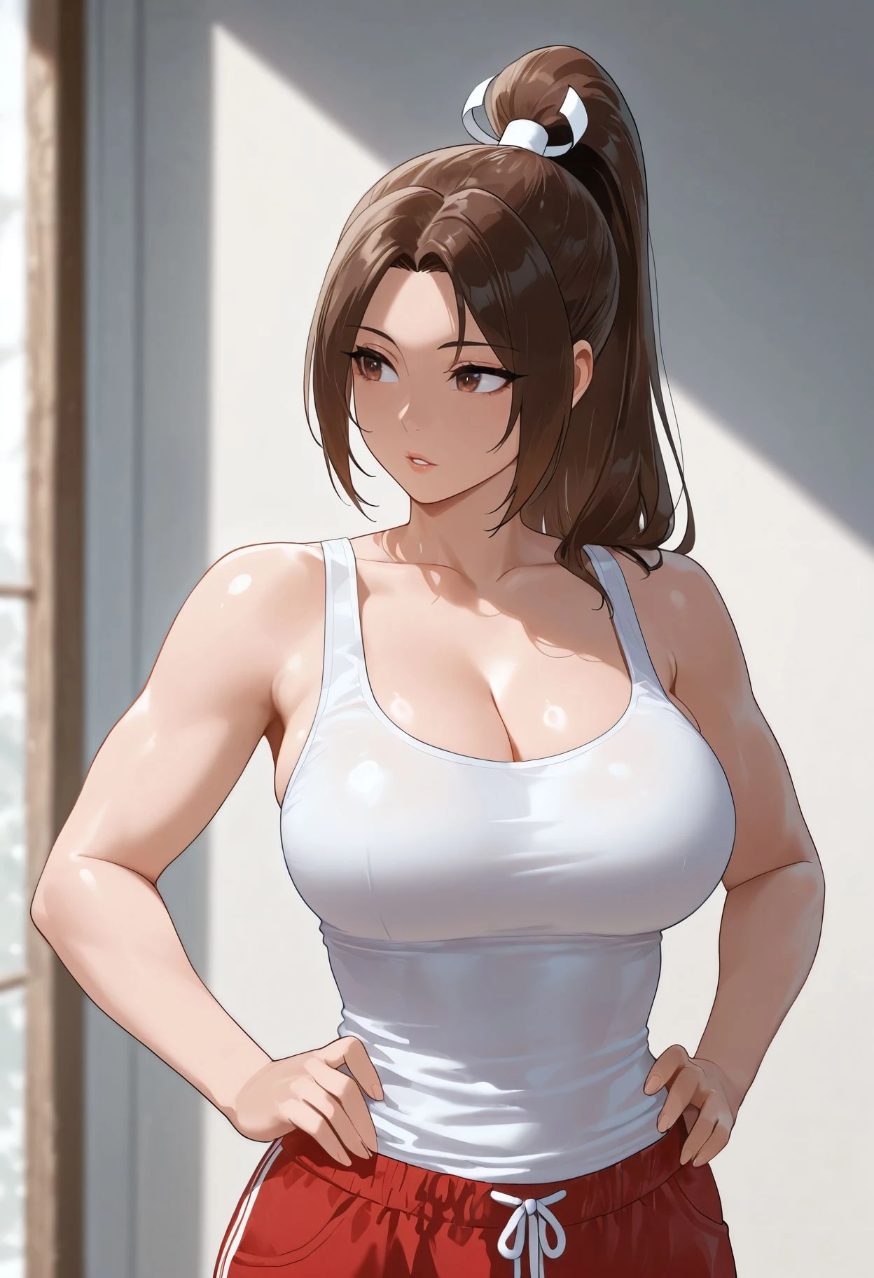 masterpiece,best quality,amazing quality,absurdres, BREAK 
shiranui mai, 1girl, alternate costume,  arms,  shoulders, , brown eyes, brown hair, cleavage, collarbone, hands on own , , long hair, looking to the side, parted bangs, parted lips, ponytail, red shorts, shorts, solo, tank top, upper body, white tank top