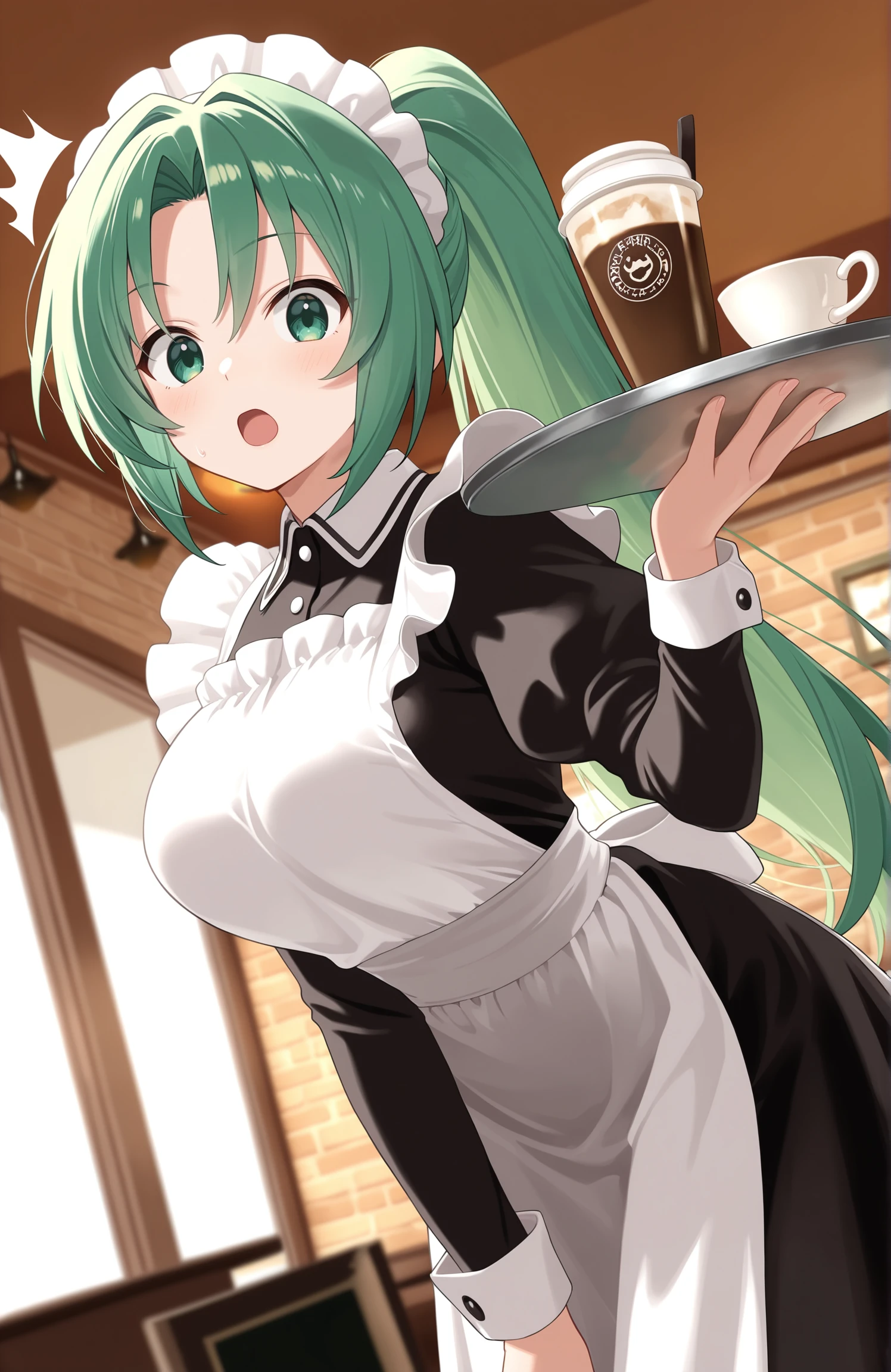 masterpiece, best quality,  1girl, sonozaki mion, maid, holding tray, cafe, looking at viewer, surprised, standing, leaning forward,