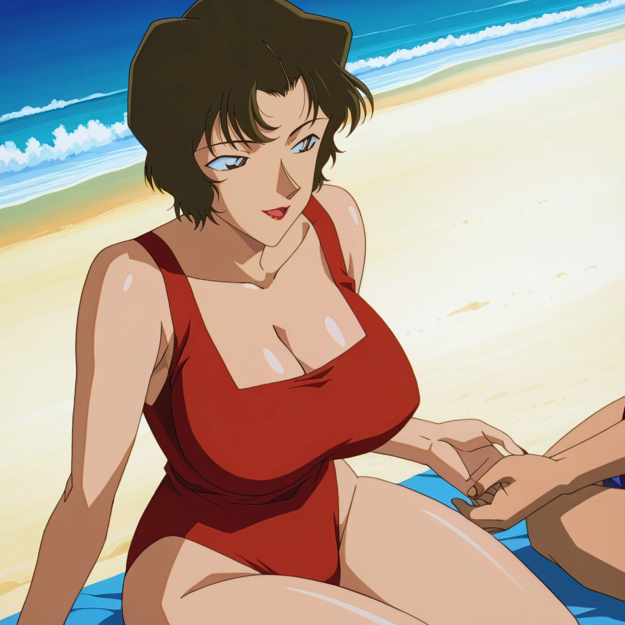 (((asakura minami:1.3))),((masterpiece)),((highest quality)),super detailed,(thin entire outline:1.2),enlightenment,explicit,solo,1girl,POV,black hair,medium hair on shoulders,(black eyes:1.2),small nose,perfect body,beautiful body,beautiful character design,perfect eyes,perfect face,((smile,red cheeks:1.2)),(having fun:1.2),small open mouth,perspiration,wallpaper,ultra high resolution,8k,photo shoot,(beautiful large breast:1.2),beautiful legs,perfect feet,beautiful skin,fair skin,smooth skin,official style,official art,make a screen cap,outdoor,(summer beach),sunshine,bright lighting,white bikini,(((micro bikini,protruding nipples,camel toe:1.2))),((wide spread legs,relaxing on beach chair:1.3)),((((2men's hands on her both thigh:1.3)))),