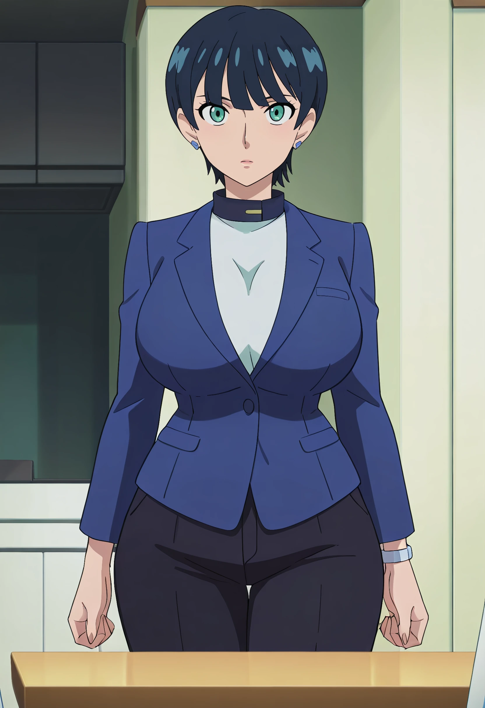 highres, ultra-detailed,very aesthetic,best quality 5 fingers,BREAK
anime coloring ,
huge breasts, wide hips, thick thighs, mature female,
1girl, ,,tamakiyuzuriha,short hair, black hair, green eyes, jewelry, earrings,blue jacket, black pants ,
, against table facing viewer,