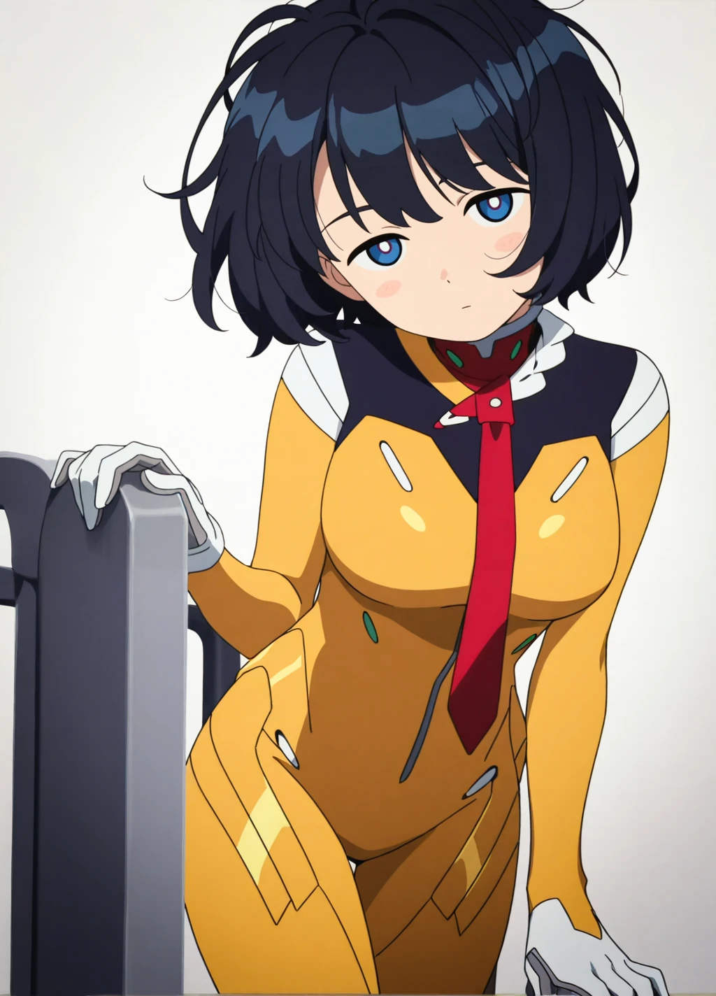 simple background, white background,
head tilt,dynamic pose,
anime screencap,anime coloring,
<lora:Shiiko_Sugai:0.8>,
short hair,black hair,expressionless, messy hair,
shiiko2, solo, looking at viewer, gloves, blue eyes, red necktie, 1girl, white gloves, necktie,yellow bodysuit,pilot suit, blush, large breasts,
<lora:add-detail-xl:1>,