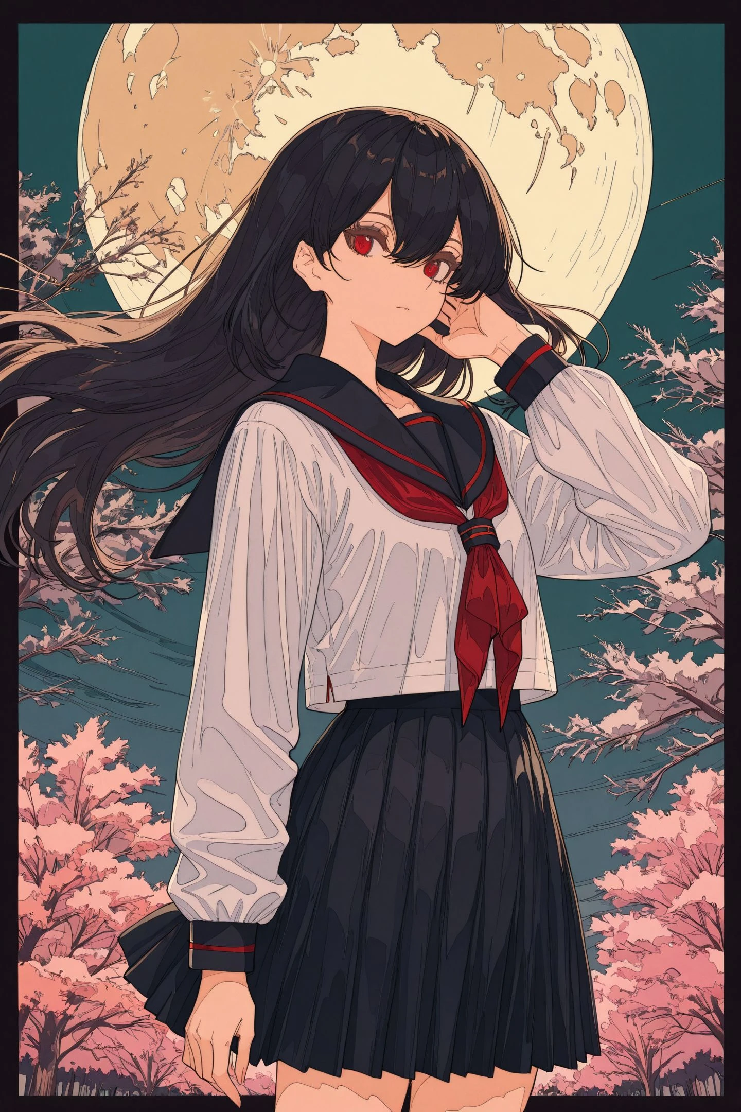 1girl,long hair,red eyes,red neckerchief,skirt,neckerchief,solo,school uniform,sailor collar,black hair,looking at viewer,serafuku,shirt,long sleeves,black skirt,ligne claire,pleated skirt,black sailor collar,moon,white shirt,hand up,floating hair,tree,standing,hair between eyes,border,sky,cowboy shot,full moon,black border,outdoors,arm at side,
<lora:jiaocha_illustriousXL:1>,