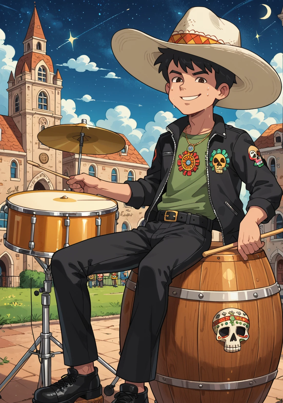 score_9, score_8_up, score_7_up, source_cartoon, Max_(Dragon Tales), 1boy, solo, aged up, teenager, sharp jawline, defined cheekbones, mature eyes, ((black hair, spikey hair)), brown eyes, smiling, cloud, outdoors, drumset, drums, sitting on stool, playing drums, black footwear, long legs, ((black sweat pants)), silver necklace, black sombrero, light green shirt(with graffiti patterns), collared black jacket, long sleeved, zipper, black pouch, mexican clothes, dia de los muertos, yellow sugar skulls, Mexico, clock tower, church, black belt, sitting, holding drumstick, music notes, night, starry sky, cloud, broad shoulders, <lora:Max_Dragon_Tales-000010 (1):0.6>