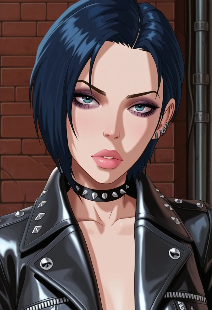 rating_explicit, beautyful woman, gothic, mature woman, tattoos in whole body, slim body, slender body, long sidecut hair, lilac hair, long hair, black spike jacket, black jeans, closed eyes, black lipstick, oral sex