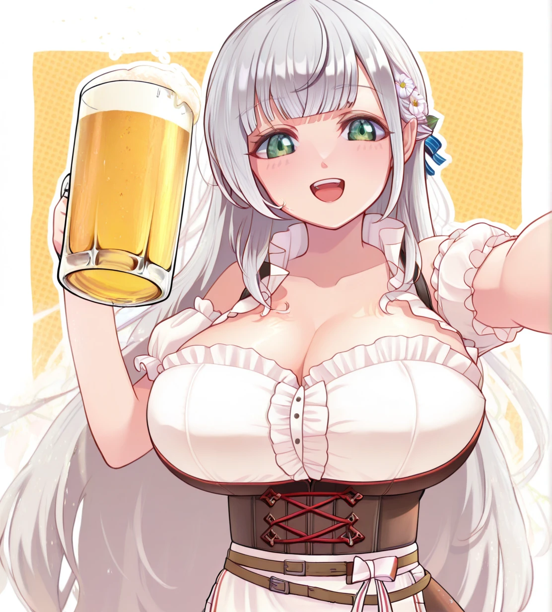 1girl, shirogane noel, shirogane noel (dirndl), wild hips, huge breasts, :d, alcohol, beer, beer mug, breasts, collared shirt, corset, cup, flower, frilled shirt, frills, green eyes, grey hair, hair flower, hair ornament, hands up, holding, holding cup, long hair, looking at viewer, mug, official alternate costume, official alternate hair length, official alternate hairstyle, open mouth, outstretched arm, shirt, smile, solo, teeth, upper body, upper teeth only, very long hair, white flower, white shirt,
intricate details,detailed background, <lora:anatomy_helper:1> <lora:noobaiXLNAIXL_epsilonPred11Version-lora:0.1> <lora:azk:1.3>