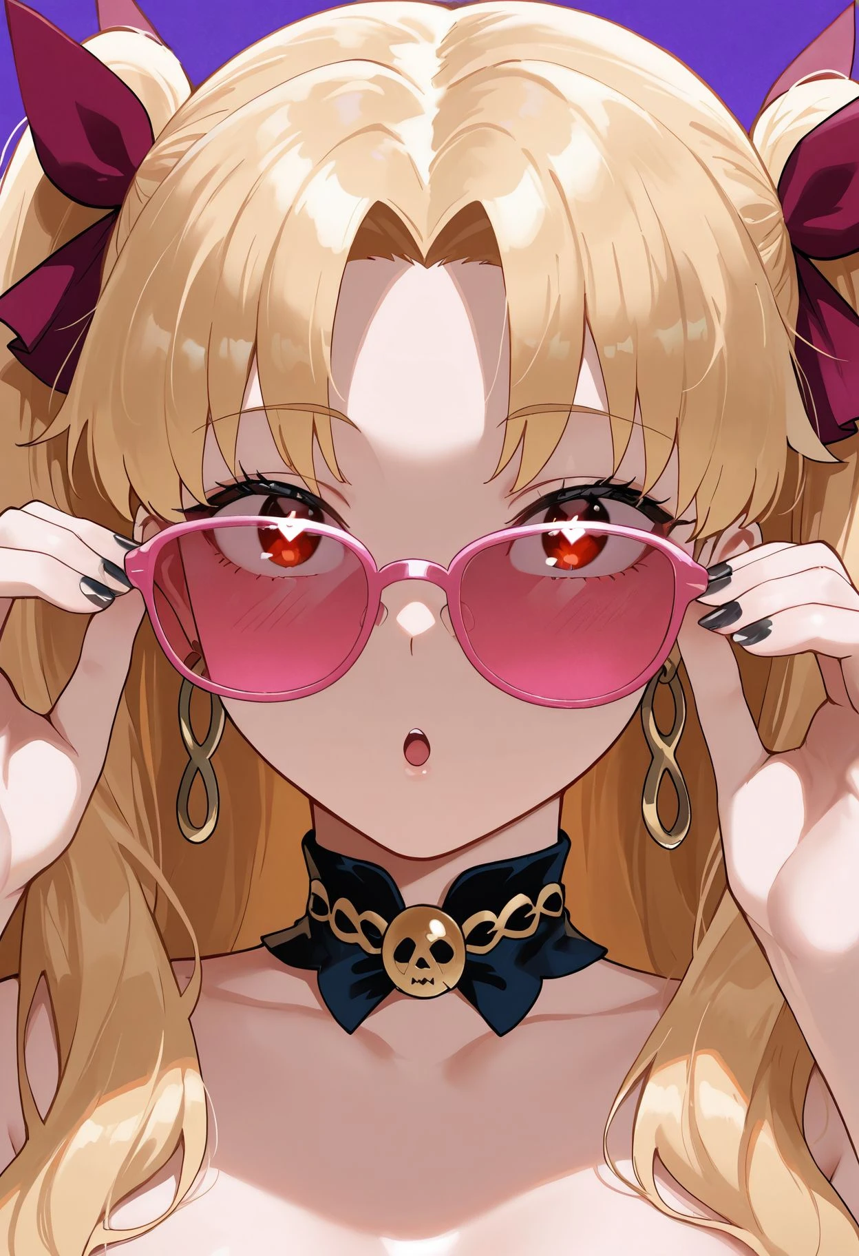masterpiece,best quality,amazing quality,absurdres, BREAK
ereshkigal \(fate\), 1girl, :o, adjusting eyewear, artist name, black nails, blonde hair, earrings, fingernails, hair ribbon, heart, heart-shaped pupils, jewelry, long hair, parted bangs, pink-framed eyewear, pink-tinted eyewear, portrait, purple background, red eyes, red ribbon, ribbon, simple background, solo, star \(symbol\), symbol-shaped pupils, tinted eyewear, two side up, upper body