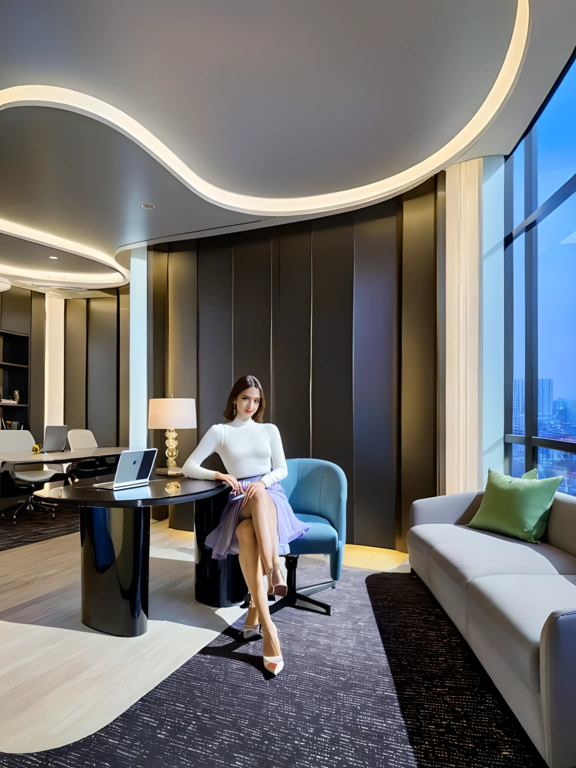 <lora:JJsOffice_Interior_XL:1>, masterpiece , best quality, ((Office)), indoors, window, chair, table, scenery, ceiling, , floor, glass wall, monitor, keyboard, book, flower,dramatic lighting, panel, sofa, screen, lamp, vent,, 1girl, face, look at viewer, selfi, solo, skirt, semi full body, high heels,, closeup portrait photography, beautiful eyes, capturing emotion, personality, flattering lighting, professional, engaging, compelling composition