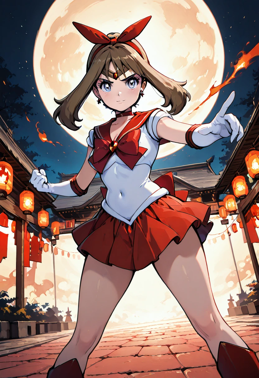 masterpiece, best quality, 1girl, solo, eyelashes, (beautiful eyes),    zzMayMarsCitron, white shirt, pleated skirt, red boots, choker, elbow gloves, white gloves, red skirt, magical girl, star earrings, sailor senshi uniform, red sailor collar, (dynamic pose, foreshortening),  ,<lora:MayMarsPokemonCitron_IXL:1.0>,  ,[], festival, paper lanterns, night, walking, slight smile. She strolls through a lantern-lit street during a nighttime festival, The flicker of paper lanterns reflects in her grey eyes, and a faint smile touches her lips. Casual grace that turns heads amid the festive crowd. wave, looking at viewer, smile,