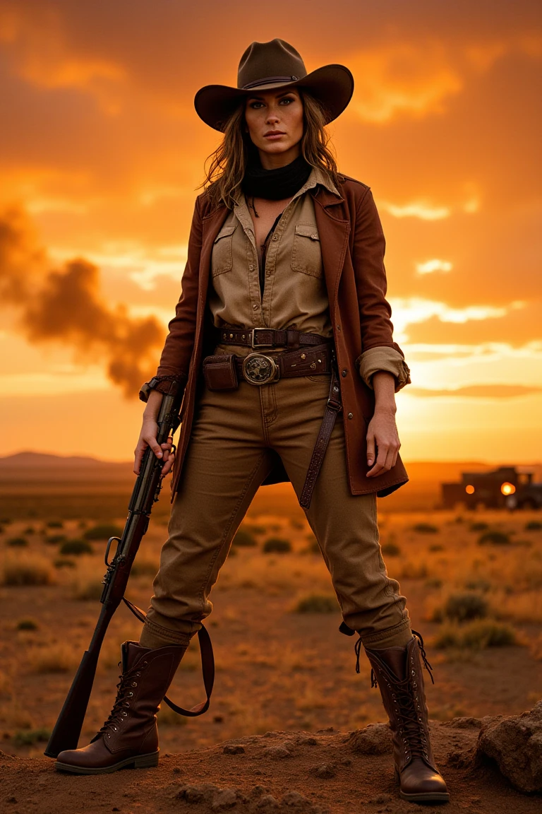 visual stunning photo of a female cowboy| cowboy western setting,  centered| key visual| intricate| highly detailed| breathtaking beauty| precise lineart| vibrant| comprehensive cinematic| Carne Griffiths| Conrad Roset, best quality