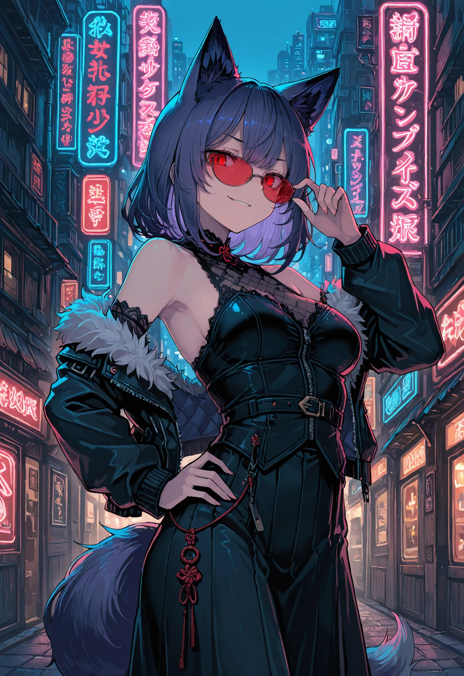 (masterpiece), (best quality), (ultra-detailed), amazing quality, very aesthetic, illustration, newest,  <lora:lazypos:1>, cinematic_lighting, [by walzrj], detailed architecture, ornate_signs, close-up,
1girl, solo, purple hair, medium hair, purple fox ears, purple fox tail, no ears, tarame, red eyes, medium breasts, bare shoulders, detached sleeves, open jacket, black jacket, fur_trim, long skirt, black skirt, glasses, red-tinted eyewear, smirk, hand on own hip, neon lights, neon sign, adjusting eyewear, city, night, outdoors,  <lora:TrendCraft_The_Peoples_Style_Detailer-v1.0A-3_13_2025-illustrious:0.4>