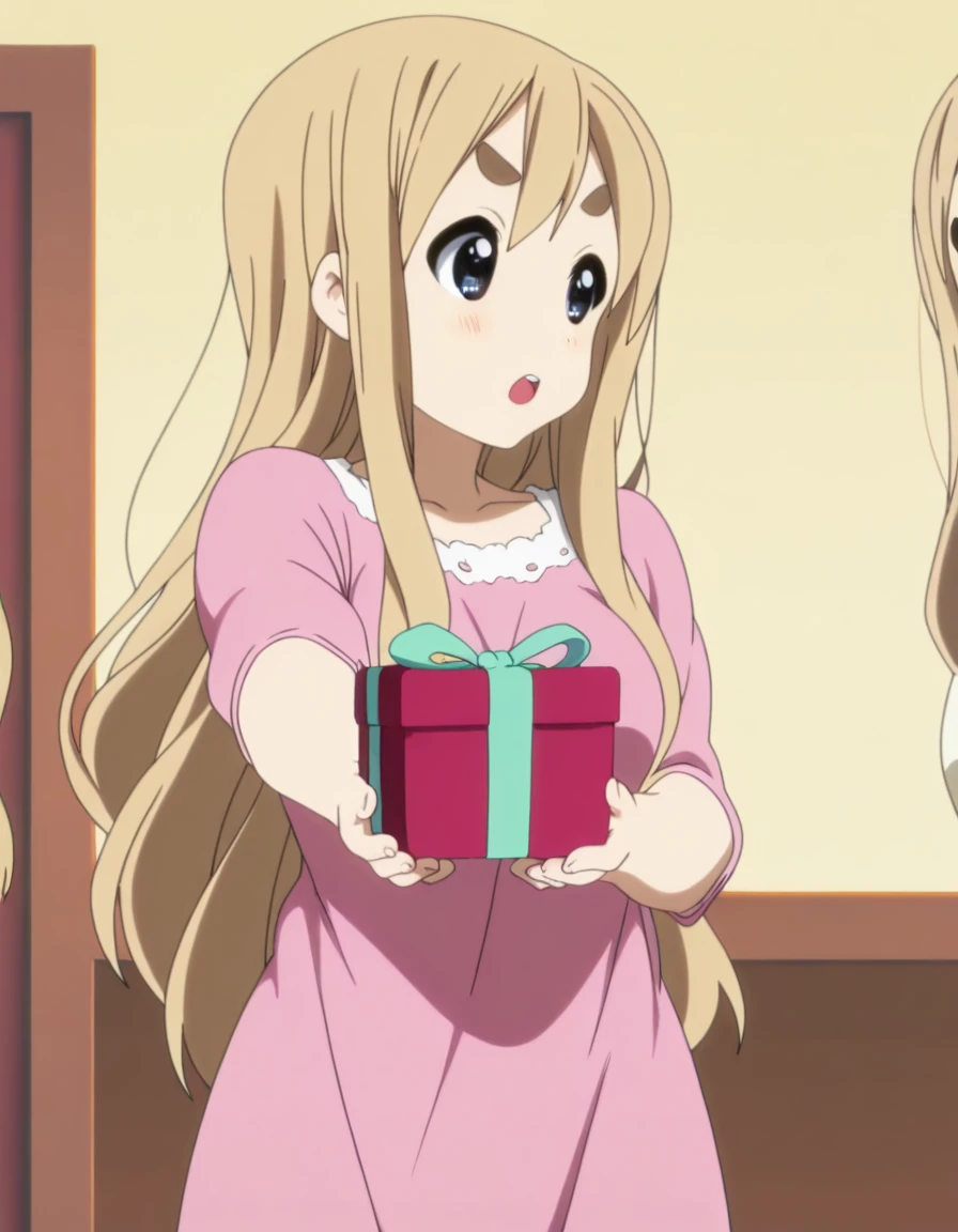 masterpiece, best quality, amazing quality,, <lora:tsumugi-kotobuki-s2-illustriousxl-lora-nochekaiser:1>, tsumugi kotobuki, kotobuki tsumugi, long hair, blue eyes, blonde hair, thick eyebrows, mature female, medium breasts, anime screencap, <lora:tsundere-illustriousxl-lora-nochekaiser:1>, tsundere, giving, outstretched arm, gift, blush, open mouth, looking away, cowboy shot,