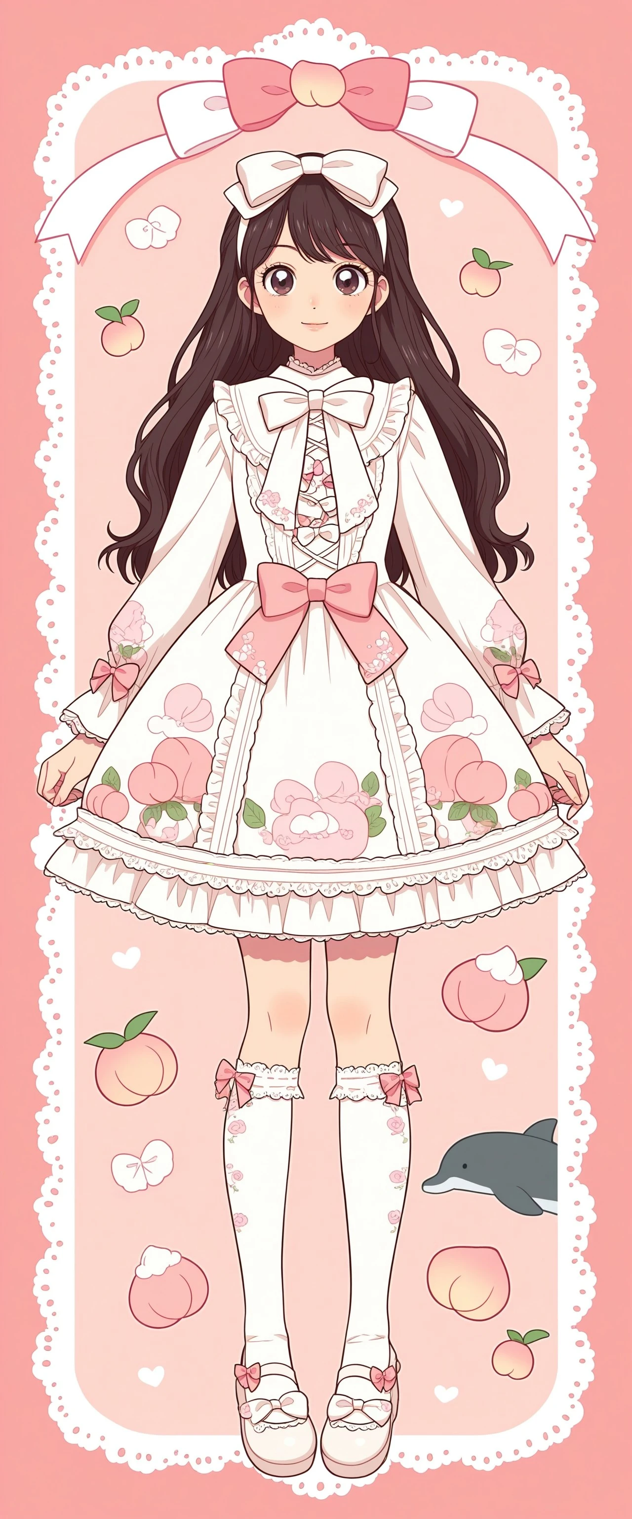 ((fullbody)), 1girl, ta_fashion, (hyperdetailed clothing and fashion), detailed dress, peach ornate ribbon print dress, print dress, bow ribbon print, peach bow ribbon print, ruffles, frills, peach bow, white ribbon, peach and white lolieadband, cream bowtie, peach pink and white ribbon-trimmed ribbon print kneehighs socks, mary janes shoes, (pastel peach and cream background, bow theme, dolphins, white lace-trimmed frame) , <lora:19a618b0-9c60-490e-984c-201466b5ed8f:0.7>, <lora:d10e6385-a080-4735-a8cf-9b683731baca:0.7>, <lora:8f398b58-2a62-47d0-8ddf-536c77de0d9c:0.6>, <lora:7fa89c10-5601-4ced-9e6d-e50019f5aa4b:0.5>, <lora:ab19ebf7-99b5-4dc4-8f50-e9330005ed10:0.4>, <lora:e485f886-377e-4727-92e3-947262a0784f:0.3>, <lora:ec98a5c1-8fae-42a7-ade0-cd20988d5e84:0.3>, <lora:more_details:0.7>, , , , , , , ,