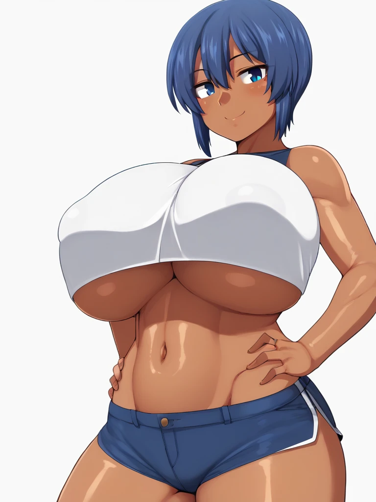 venusbody,1girl,solo,(small breasts:1.1),gigantic hips,wide hips,thick thighs,(huge thighs:1.3), tank top, underboob, tight denim shorts, smile, happy, open mouth, thighhighs, short hair, dark blue hair, light skin, bangs, looking at viewer, outdoors, collar