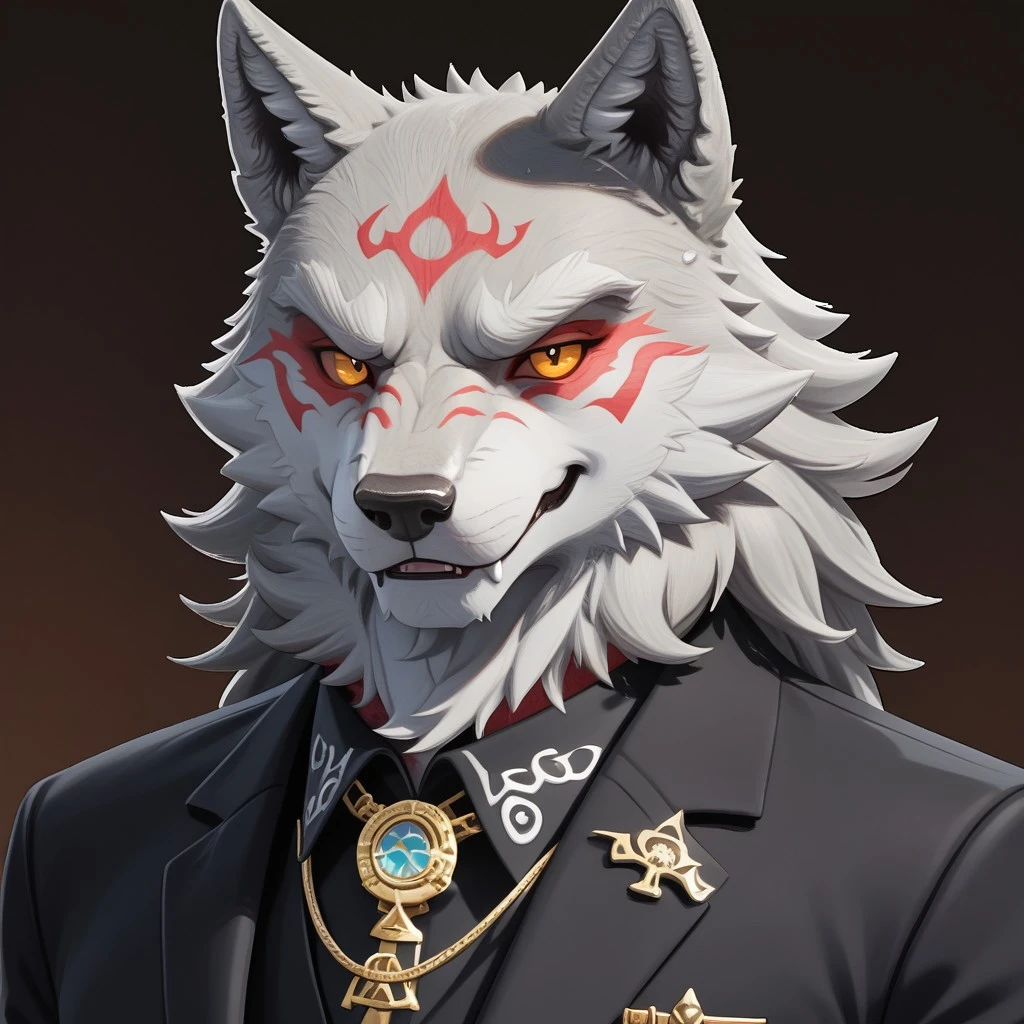 furry, solo anthro, male, smile, bust portrait, looking at viewer, Fletcher Kane, gray fur, wolf, wolf ears, wolf tail, tail, orange eyes, tattoo, colored sclera, suit, jewelry, black shirt, watch, formal,
