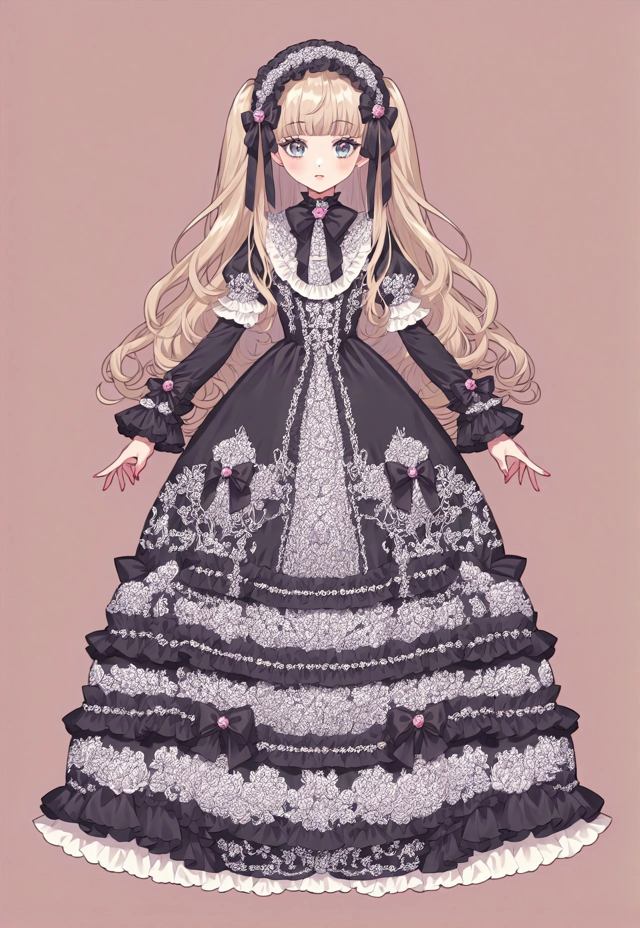 ((fullbody)) 1girl, ta_fashion, hyperdetailed clothing and fashion, detailed dress, ornate dress, print dress, bow, ribbon, loliairband, frills, ruffles, hair ribbon, hair ribbons