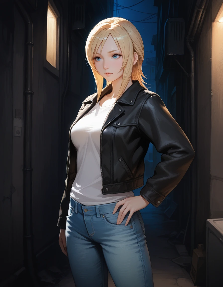 There is a woman standing in a dimly lit room, supermodel in Silent Hill, female character, Misa Amane*, Yayoi Kasuma, in-game image, Square Enix game style, Misa Amane, Silent Hill Style, female whole body, female whole body, Yayoi Kasuma tips, Silent Hill Streets modify background for a city full of people improve the colors and posture of the character making sexier camera low