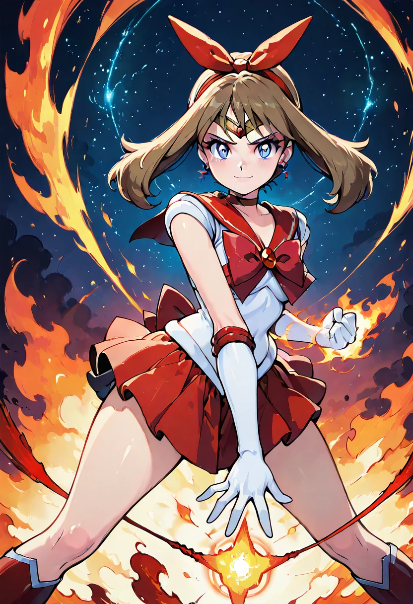 masterpiece, best quality, 1girl, eyelashes, (beautiful eyes), looking at viewer, smile, zzMayMarsCitron, white shirt, pleated skirt, red boots, choker, elbow gloves, white gloves, red skirt, magical girl, star earrings, sailor senshi uniform, red sailor collar, solo, leaping pose, starlit sky, magic sparkles, powerful aura â Against a canvas of starlit skies, zzMayMarsCitron leaps through the air, magic sparkles trailing behind her, her red sailor collar and skirt flowing with a vivid, unstoppable energy. (dynamic pose, foreshortening), ,<lora:MayMarsPokemonCitron_IXL:0.8>,