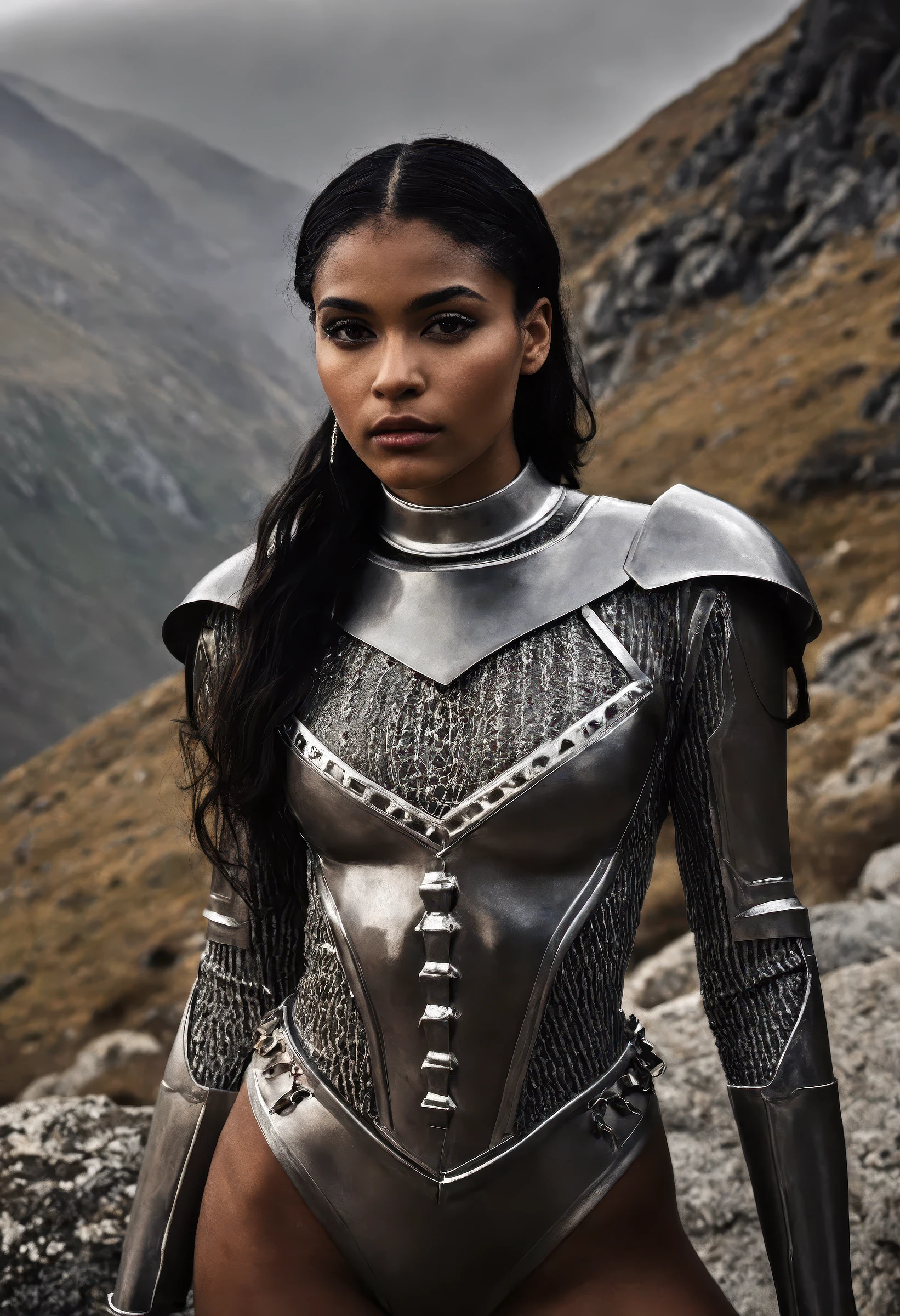 full body picture of <lora:ZH_VHudgens_DisneyEd:1> ZH_VHudgens_DisneyEd, black hair, brown eyes, the most beautiful in the world, super detailed eyes, (freckles:0.99), (damaged filigree chainmail armor), (dirt and mud on skin and armor), dirty, muddy, blood, smoke, fire, outdoors, sunset, battle field, mud, dirt, professional photograph of a stunning woman detailed, perfect bobbed sexy intense hair, sharp focus, dramatic, award winning, cinematic lighting, volumetrics dtx, (film grain, blurry background, blurry foreground, bokeh, depth of field, sun setting interaction, Perfect chainmail), (masterpiece), (extremely intricate:1.3), (realistic), HDR+, medieval battlefield