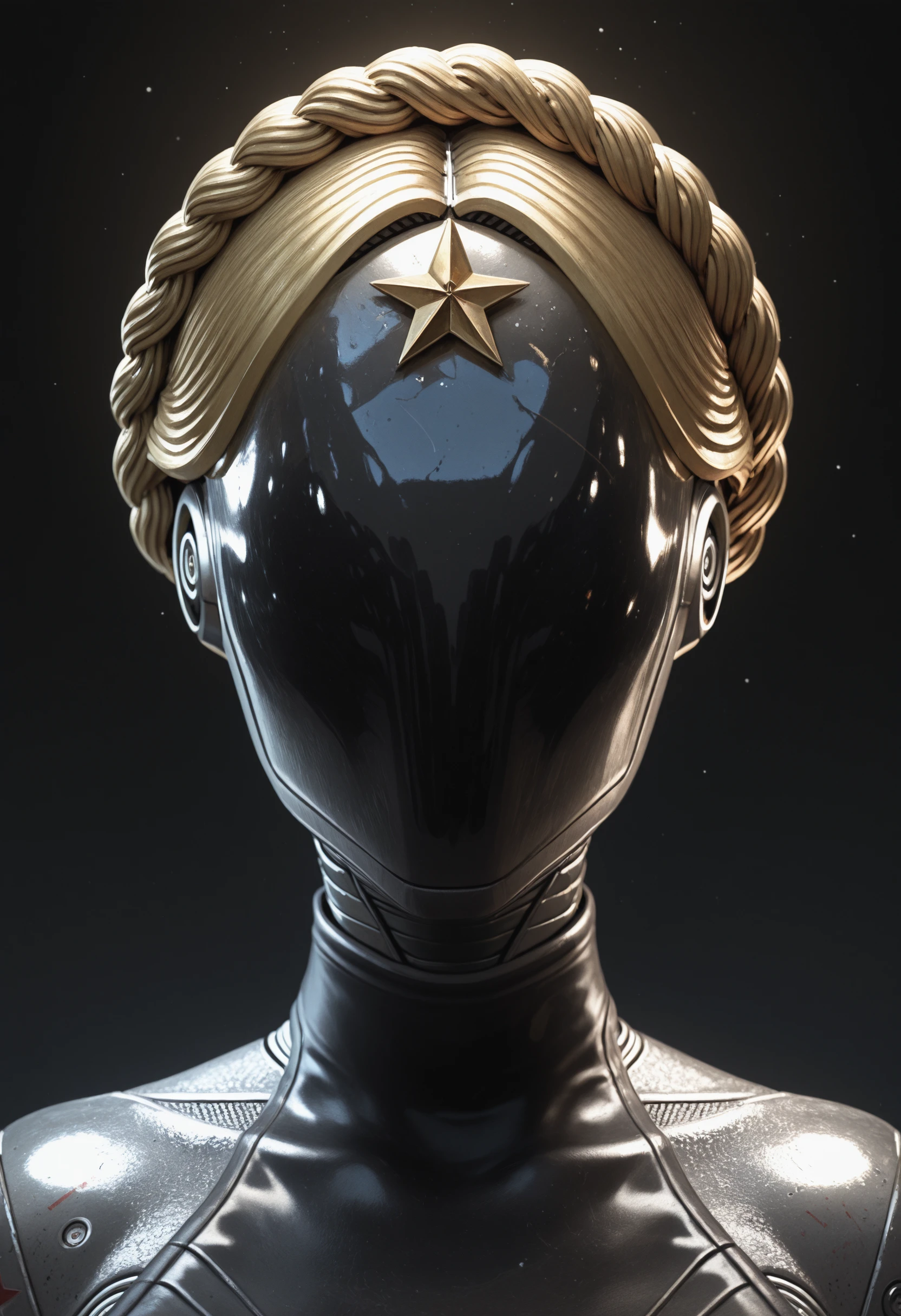 masterpiece, best quality, absurdres, highres, extremely high detail,
<lora:ILAHTwins:1.0>
AHTwins, 1girl, robot, no face, blonde hair, braid, star (symbol), looking at viewer, portrait