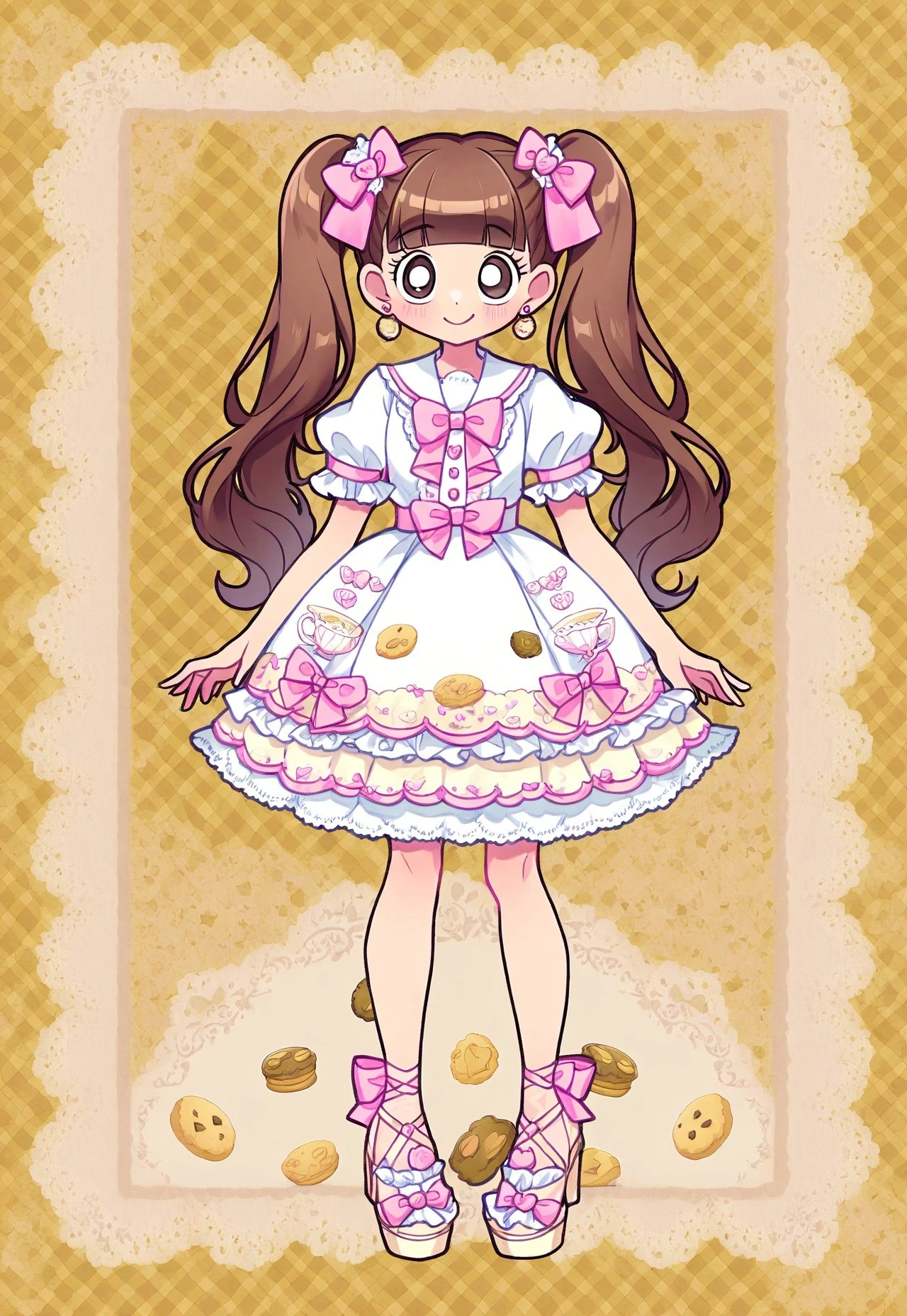 (fullbody, standing, front facing, facing viewer) 1girl, twintails, long hair, brown hair, blunt bangs, big eyes, smile, light blush, pastel theme, cute, blue and white dress, ta_dress, biscuit print, cookie print, printed skirt, scalloped trim, decorative buttons, big buttons, sailor collar, white collar, short sleeves, puffed sleeves, pink waist ribbon, bow belt, lace hem, white lace, short skirt, frilly skirt, knee-length dress, sweet_lolipastel blue, pastel pink, pastel yellow, small earrings, earrings, teal shoes, bow shoes, open-toe sandals, (detailed background, detailed scenery : 1.2), tea party theme, oversized teacups, yellow gingham background, biscuit wallpaper, pink bow motif, standing on doily, tea set