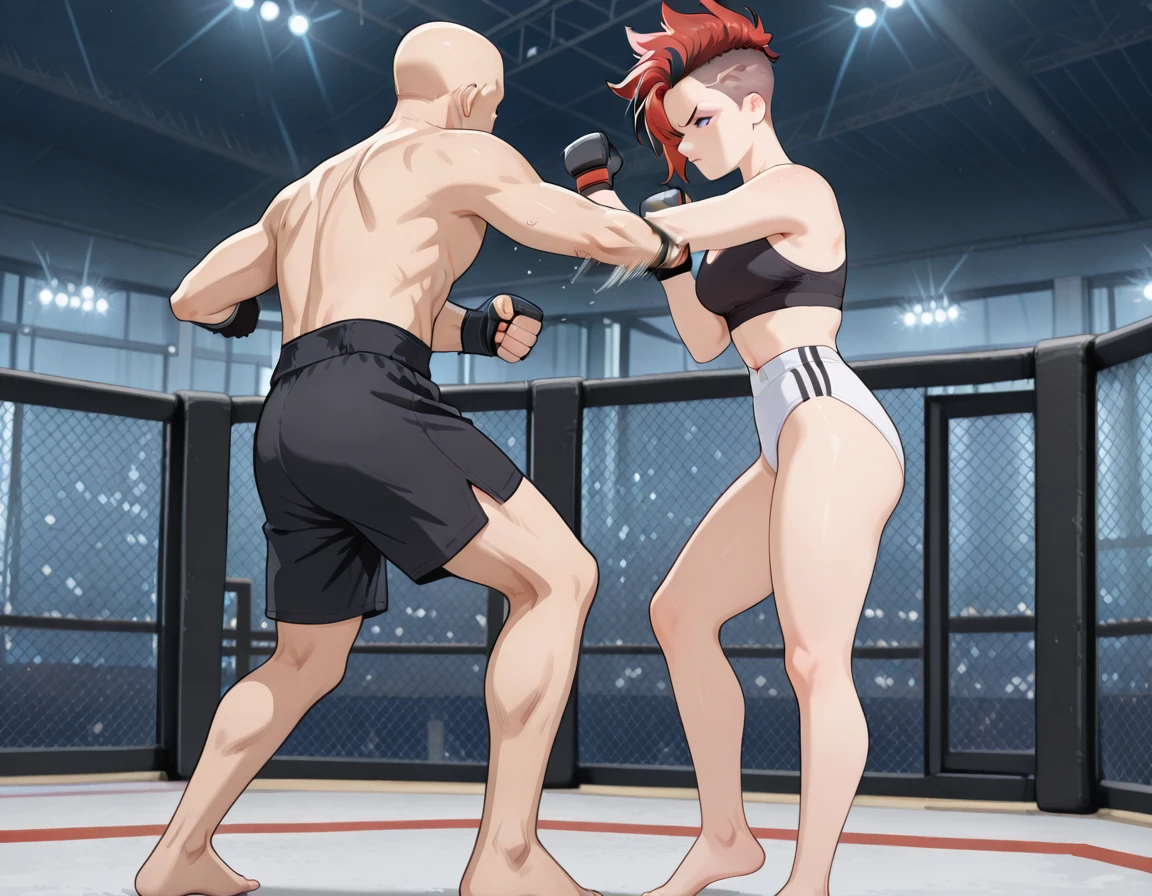 masterpiece, best quality, absurdes, newest, highres, vibrant coloring, bright coloring, 1girl, fight, femdom, girl punching boy, <lora:Sandra_Kovalenko-OC:0.8> (sandrakov, sandrahair, , short hair, red hair, multicolored hair, mmastandard, black sports bra, white sports bikini, barefoot, fingerless gloves, black gloves, standing, fighting stance,) <lora:mma:0.8> mmacage, chain-link fence, incagefighting, arena, interior, <lora:Eufoniuzs_Anime_Screencap_illustrious_2:0.8> anime screencap, anime coloring,
(1boy, bald, black shorts, (topless male), in pain,)