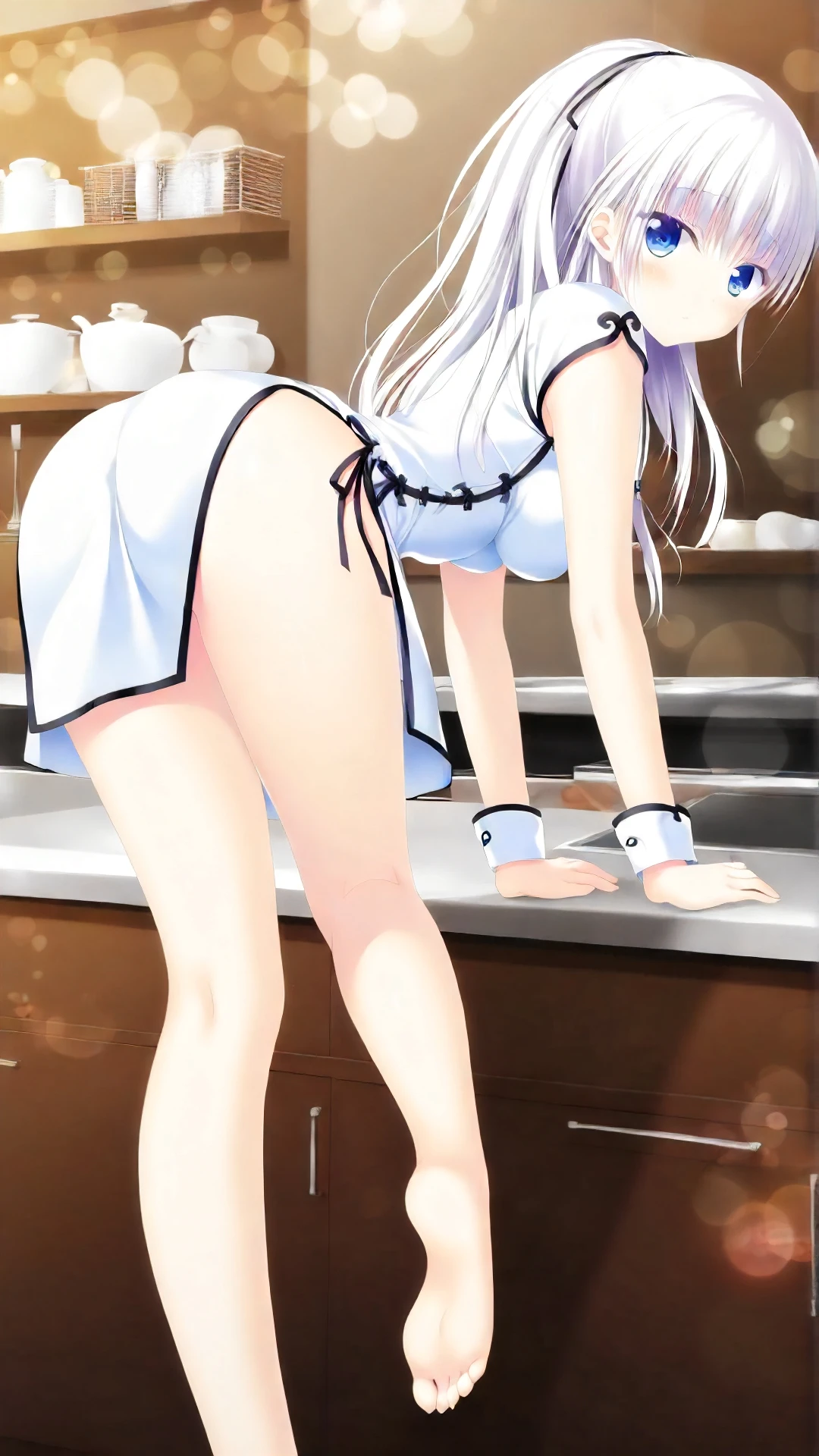 (Highest quality), (High resolution), (masterpiece), (Super detailed), Wolf Ears, Silver Hair, Long Hair, Light blue eyes, Blue Archive Art Style, One girl, Silky skin, Shiny skin, An athletic body, blush, Heavy breathing, chest, (Everyday wear with a lot of exposure, Not wearing underwear), From behind, Look at the ass, I can see your back, (Bright saturation), Sexual pose, Turn your butt, Get on all fours, Turn around, Dripping love juice, Heart Pupil, (大きなchest:1.1), (Saggy breasts:1.5), Expression of pleasure, Trembling with sexual climax, Heavy breathing, Seduce,Inside the room,