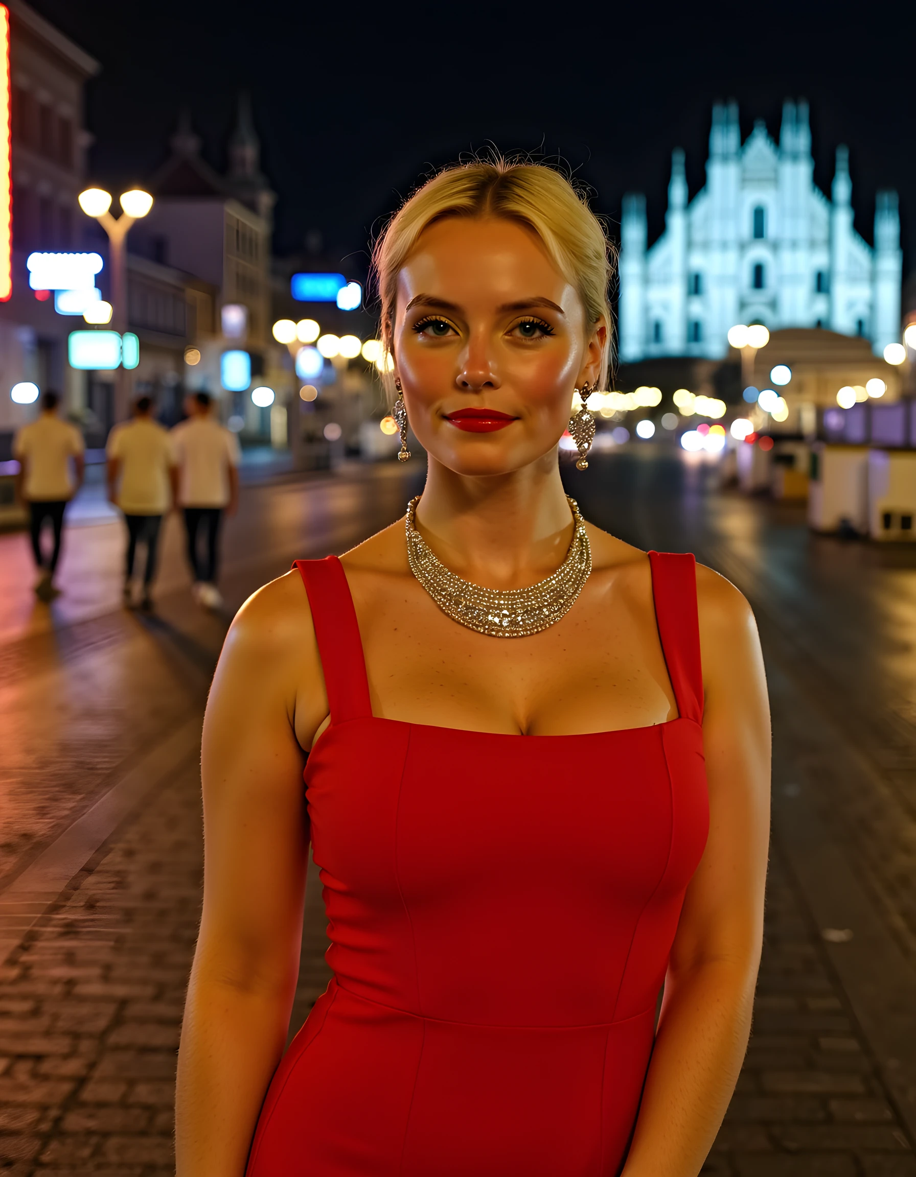 "Blonde woman in a bodycon red dress with a deep V-neck, accentuating her bust and waist, standing elegantly at Place Vendôme at night. The dress's luxurious fabric shimmers under the square's lights, highlighting her seductive figure."