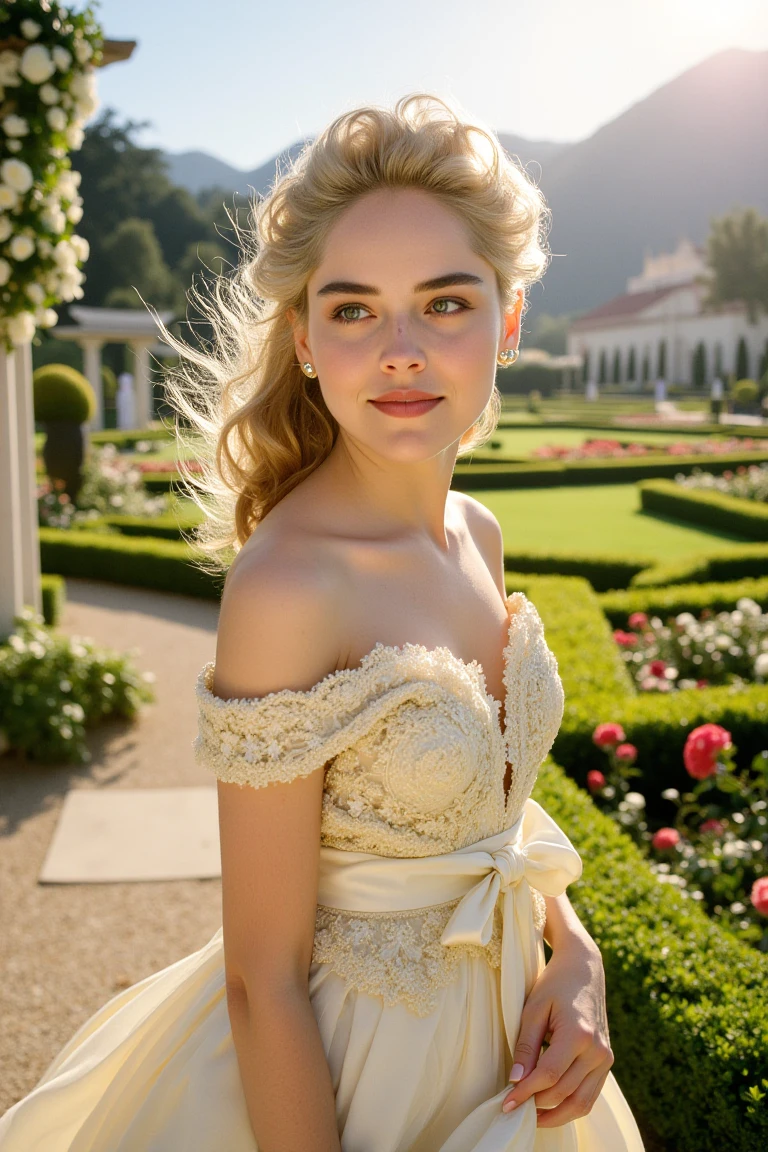 blond woman in pink dress holding a rose in front of a garden, fairy, Melissa Sue Anderson, in style of petra collin), a still of an ethereal, still from a music video, monia merlo, midsommar style,