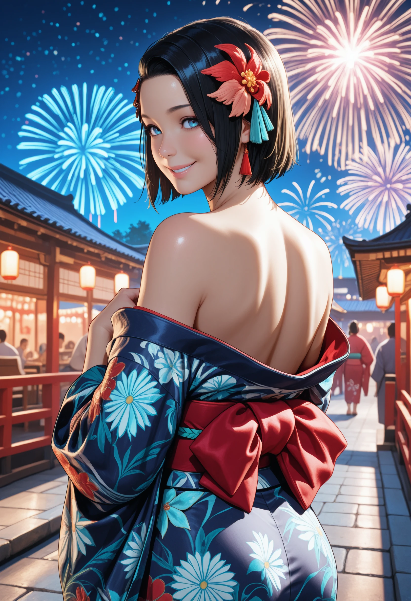 masterpiece, very aesthetic, best quality, absurdres, newest,
<lora:ILT8Azucena:1.0>
T8Azucena, 1girl, black hair, short hair, blue eyes, hair ornament, smile, looking back, japanese clothes, bare shoulders, outdoors, night, fireworks