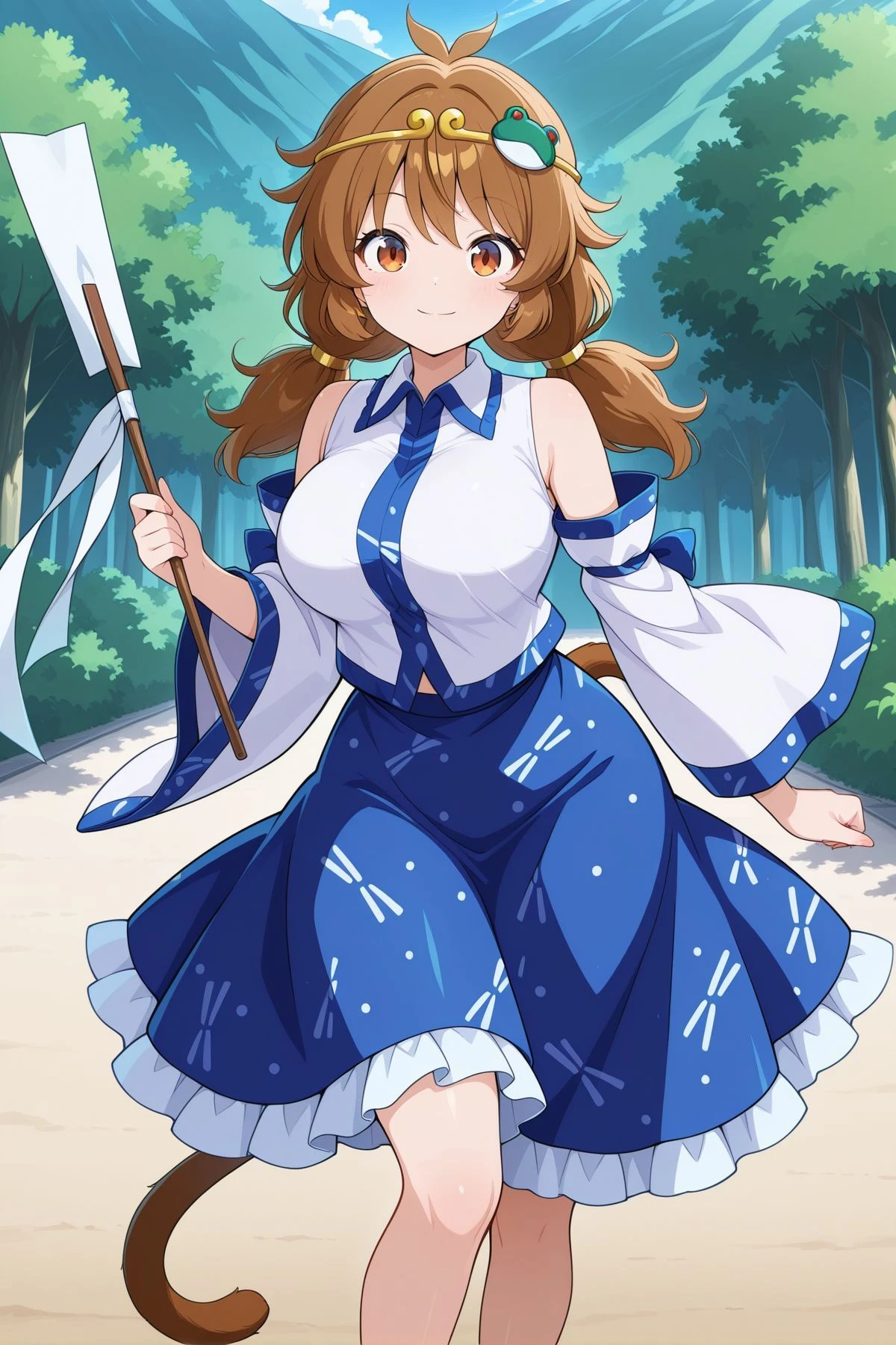 absurdres, highres, masterpiece, best quality, amazing quality, official anime artwork, screencap, anime screencap, outdoors, looking at viewer, light smile, dynamic pose, standing,
 <lora:Son-Biten_Illustrious:1> son biten, 1girl, solo, brown eyes, brown hair, long hair, low twintails, antenna, monkey tail, large breasts,, gold circlet, jewelry, 
kochiya sanae (cosplay), frog hair ornament, collared shirt, white shirt, detached sleeves, wide sleeves, blue skirt, holding gohei,