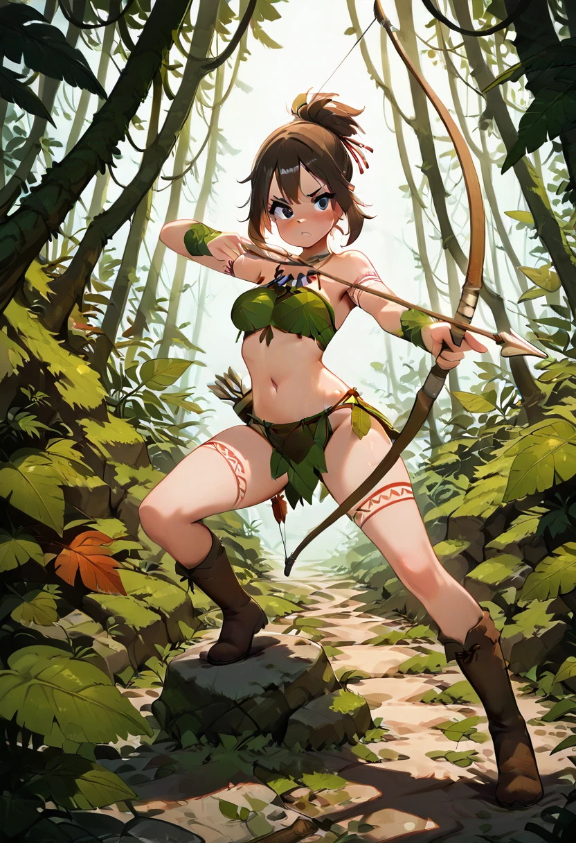 masterpiece, best quality,   zzArrow, (zzAtU:1.2),    zzSavage, tribal outfit, bow and arrow, jungle, aiming, focused expression, wild hair, bare feet, knee-high boots, jungle background, leaves, motion blur, action shot, jungle environment, energetic pose, forest lighting     ,<lora:MaySavagePokemonCitron_IXL:1.0>,  ,(dynamic pose, foreshortening),  ,<lora:ZZArrow_IXL:0.7>,
