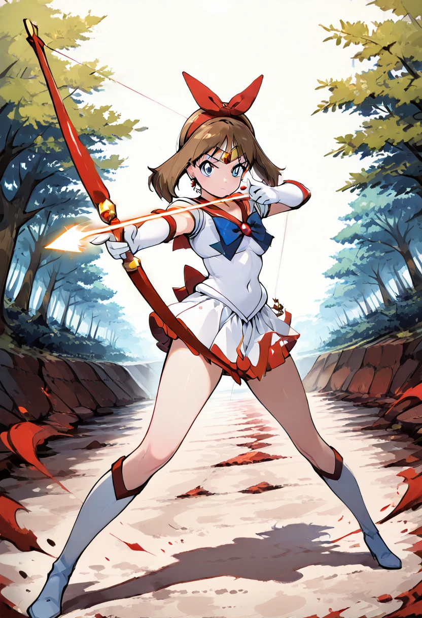 masterpiece, best quality, zzArrow, zzAtU, zzMayMarsCitron, blue eyes, brown hair, medium hair, hairband, tiara, red sailor collar, white skirt, bow and arrow, standing, forest, concentration, forest clearing, magical girl, focused, glowing, green leaves, powerful stance, full body, short hair, vibrant colors, action pose ,<lora:MayMarsPokemonCitron_IXL:0.8>, ,(dynamic pose, foreshortening), ,<lora:ZZArrow_IXL:0.8>,