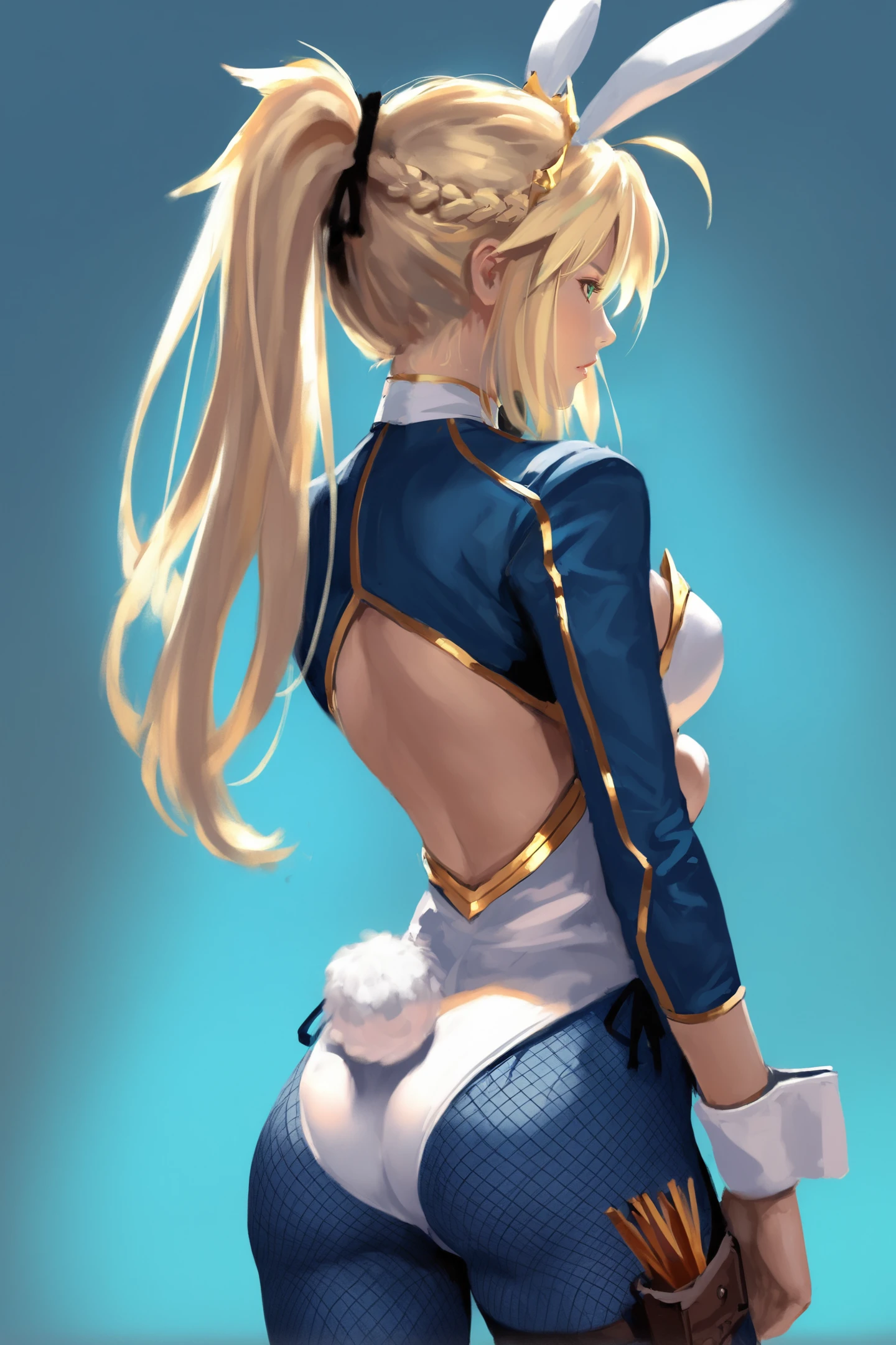a digital rendering of a female character with long blonde hair tied in a high ponytail. she has a white collar with a small pendant hanging from it. the character is wearing a blue bodysuit with a patterned texture, and she has a black belt with a circular buckle around her waist. the background is a gradient of blue, and the overall art style appears to be realistic with a touch of fantasy.,1girl,blonde hair,animal ears,blue pantyhose,ass,solo,wrist cuffs,pantyhose,rabbit ears,long hair,fishnets,french braid,playboy bunny,ponytail,breasts,braid,tail,rabbit tail,fishnet pantyhose,meme attire,reverse outfit,reverse bunnysuit,from behind,back,holster,detached collar,sidelocks,ahoge,fake animal ears,thigh holster,thigh strap,blue background,two-tone background,artoria pendragon (swimsuit ruler) (fate),artoria pendragon (fate)