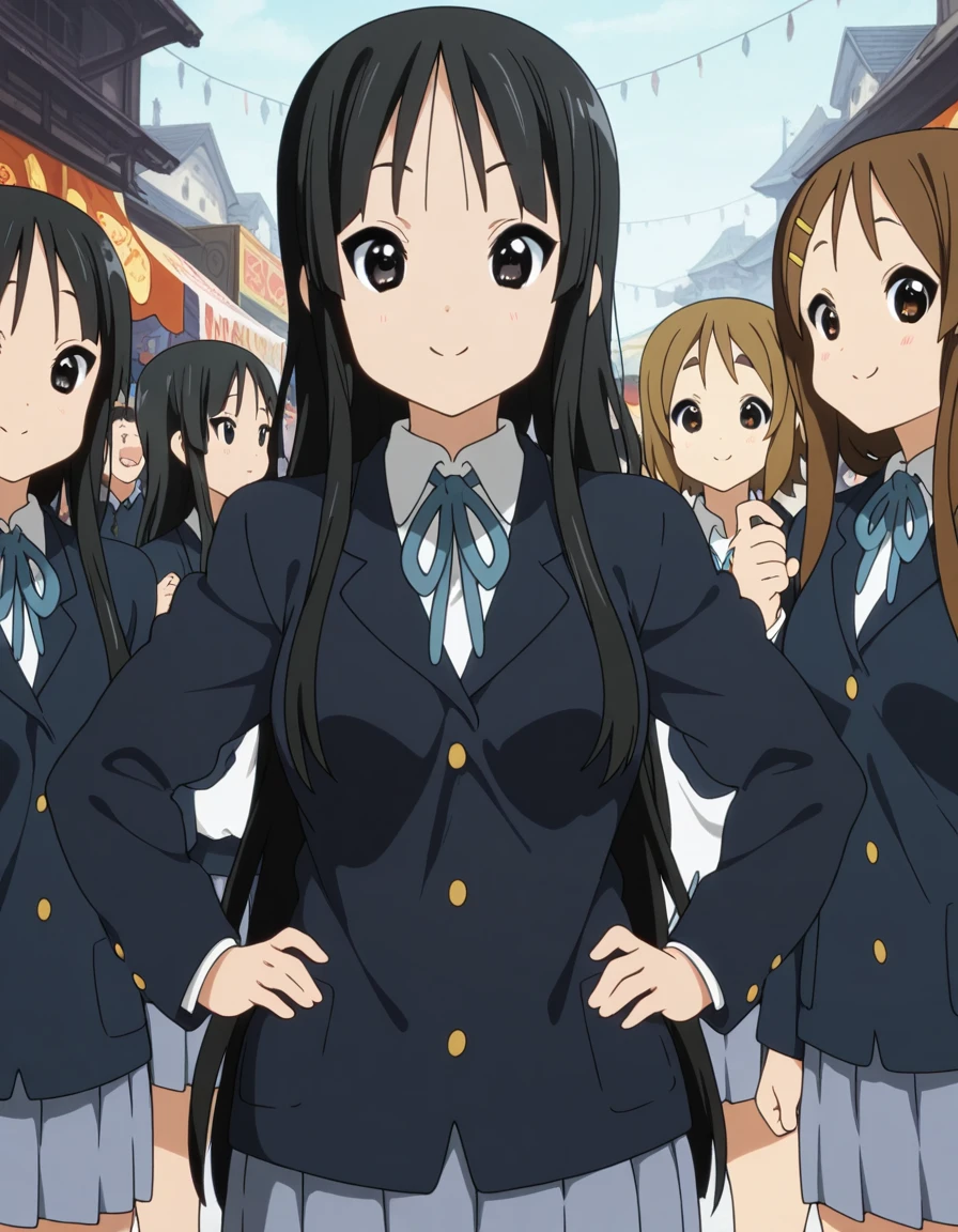masterpiece, best quality, amazing quality,, <lora:mio-akiyama-s2-illustriousxl-lora-nochekaiser:1>, mio akiyama, akiyama mio, long hair, bangs, black hair, black eyes, hime cut, mature female, medium breasts, anime screencap, sakuragaoka high school uniform, school uniform, uniform, blazer, shirt, white shirt, collared shirt, skirt, pleated skirt,, smug, hands on own hip,, street market, vendor, street food, bustling crowd, local flavor, vibrant, cowboy shot, solo, looking at viewer