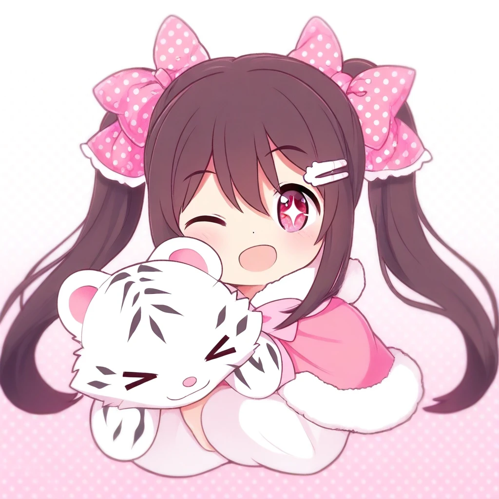 zuppu11, masterpiece, best quality, 1girl, pink capelet, long straight twintails, capelet, fur-trimmed capelet, hair ornament, fur trim, polka dot, ribbon, blush, solo, pink ribbon, hairclip, open mouth, hair ribbon, smile, bow, long hair, looking at viewer, sparkle, hair bow, black hair, pink bow, one eye closed, full body, paw print, red eyes, >_o, polka dot bow, white background, heart, dot nose, stuffed toy, sidelocks, hair between eyes, stuffed animal, animal, white tiger, chinese zodiac, polka dot ribbon, shirt, polka dot background, gradient background, pink background, white background, blurry background, animal hug, food, white shirt, holding animal, brown hair, holding, sparkling eyes, :d, symbol-shaped pupils, pink eyes, >_<, general