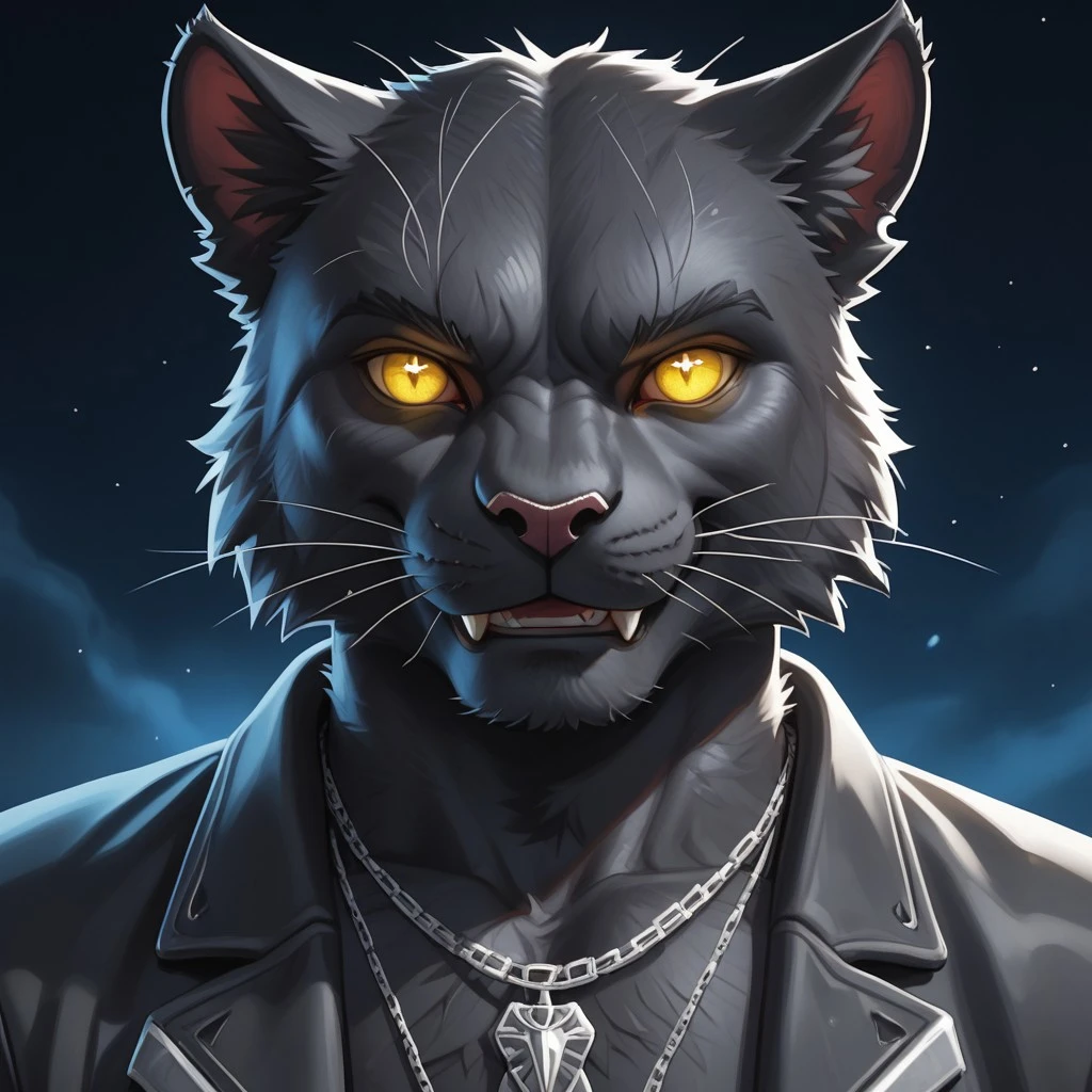 furry, solo anthro, male, smile, bust portrait, looking at viewer, black fur, panther, cat, feline, yellow eyes, colored Scalera, glowing eyes, black jacket, necklace,