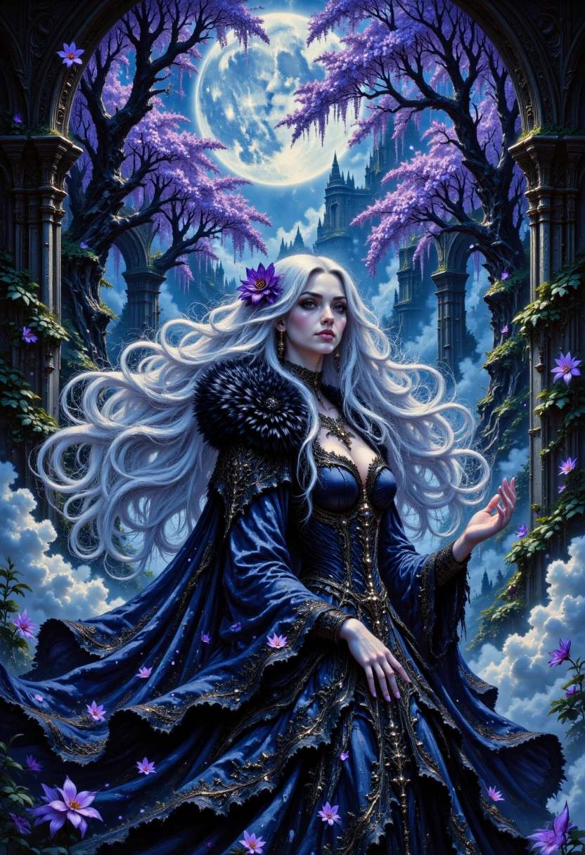 pinkgrimmreverie, A mystical woman with silver-dusted hair and deep violet eyes that glow under the moonlight. She wears a flowing indigo gown adorned with orchid motifs, as faint magical mist swirls at her fingertips.