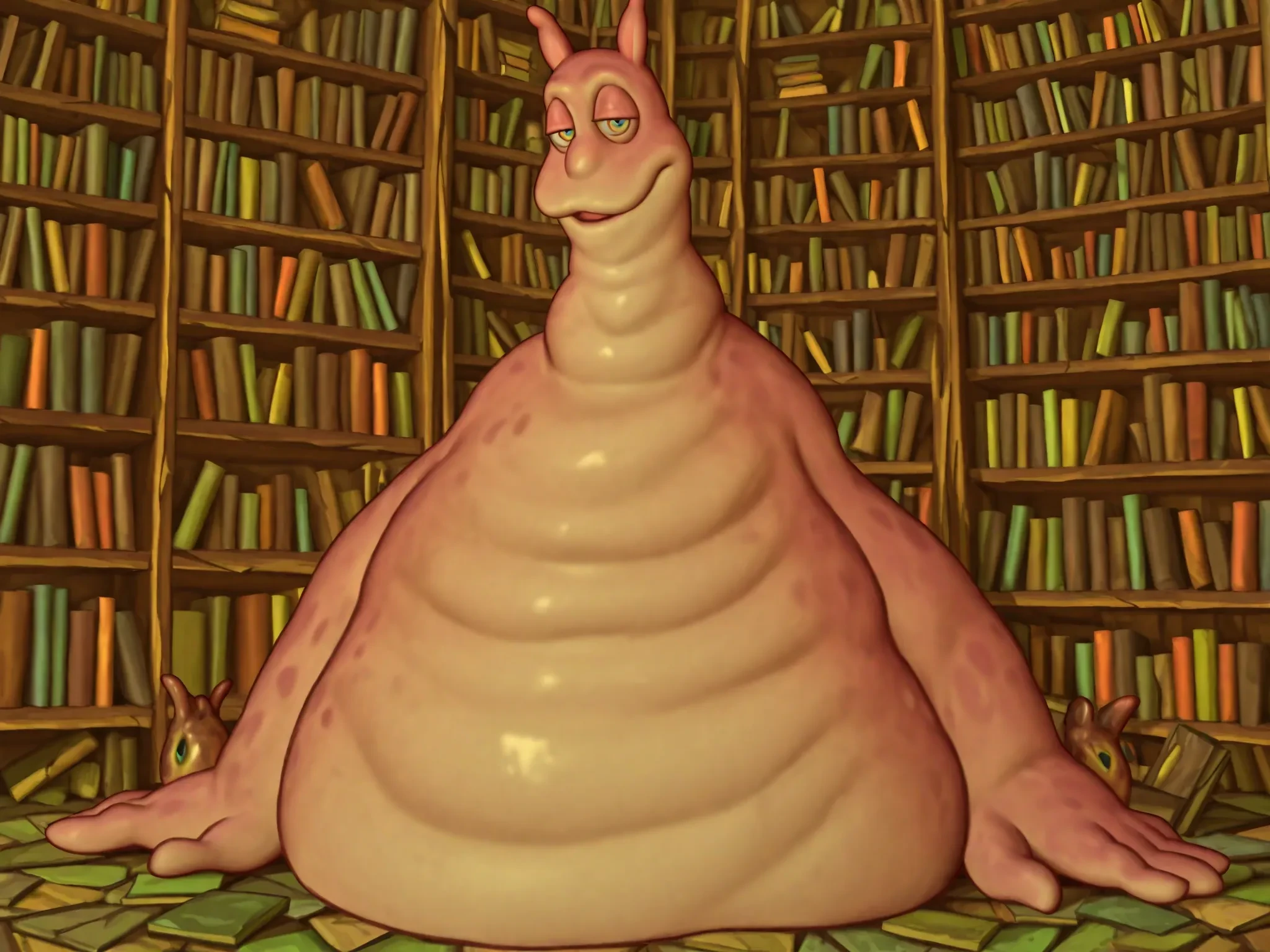 <lora:The Librarian (Monsters University):0.8> 3d cartoon, anatomically correct, masterpiece, best high quality, ultra details, realistic, RAW Photo, perfect anatomy, 4k, 8k, quality lighting, detailed hands, detailed eyes, solo, dark, giant slug-like old monster, the librarian, gray skin, long dress, gray updo hair, (cellulite:1.2), (thick thighs:1.4), (wide hips:1.5), (large sagging boobs:1.5), (big ass:1.6), nipples, <lora:BGV5EX:1> <lora:add_detail:1>