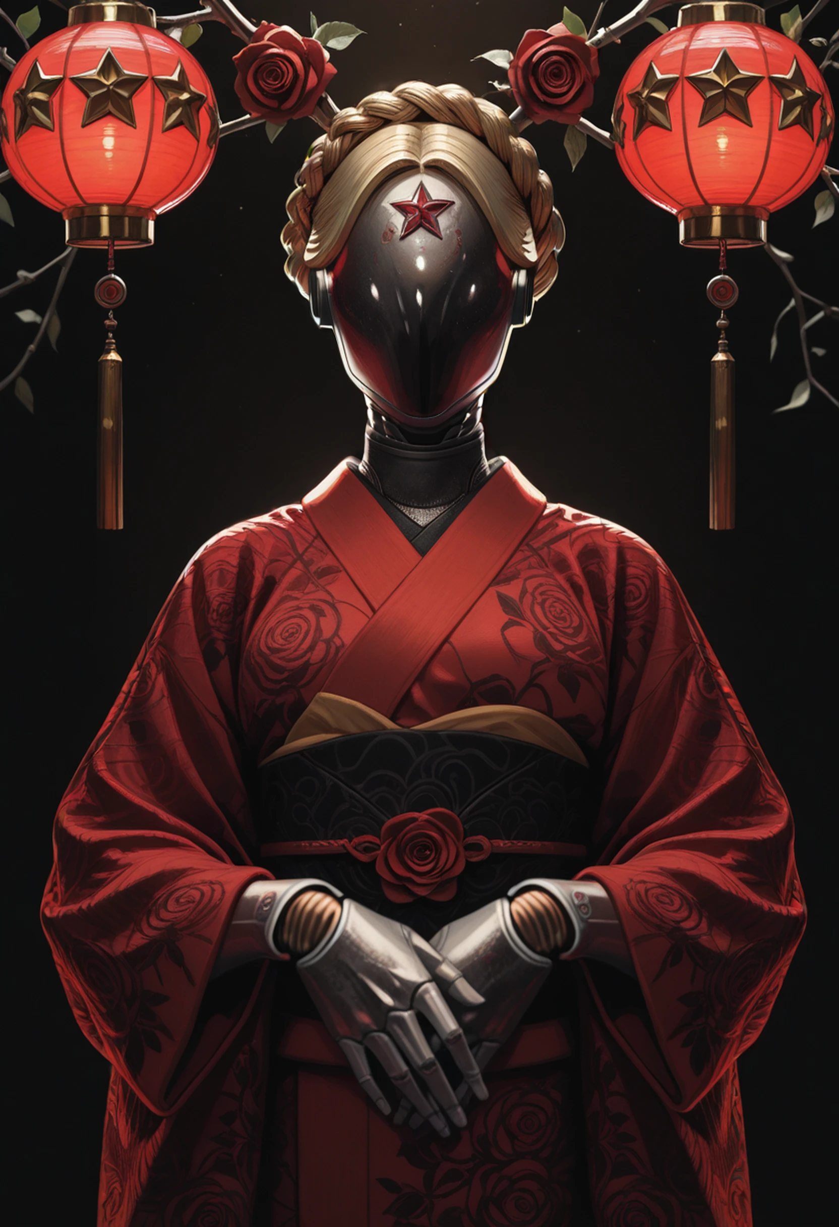 masterpiece, best quality, absurdres, highres, extremely high detail,
<lora:ILAHTwins:1.0>
AHTwins, 1girl, solo, robot, no face, metallic skin, doll joints, blonde hair, braid, star (symbol), looking at viewer, dressed in a traditional, ornate black and red kimono adorned with intricate gold patterns and red roses, with red flowers in their hair, background is filled with numerous red lanterns hanging from the trees, creating a festive and serene atmosphere, lanterns are intricately designed, adding to the traditional aesthetic of the setting, serene expression and the warm lighting enhance the tranquil and culturally rich environment
