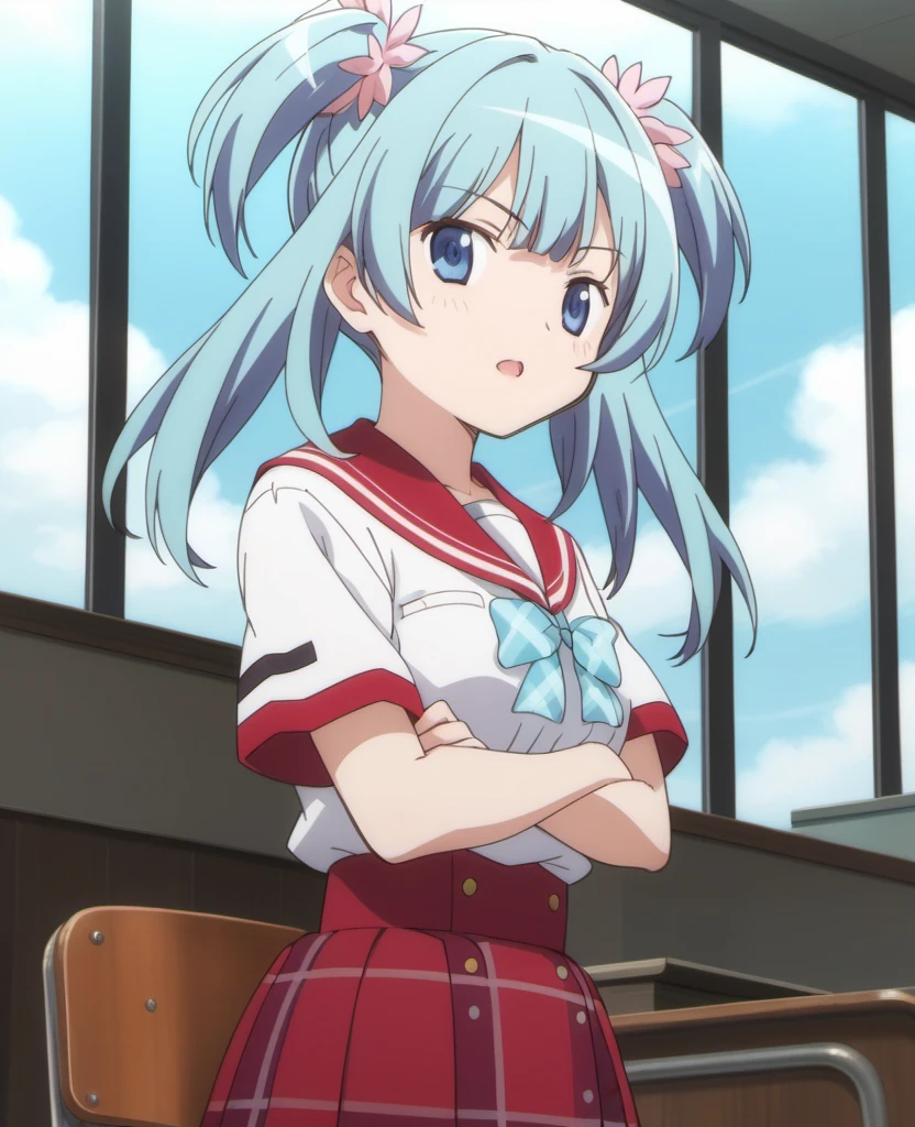 noatakigawa, <lora:noa takigawa s1-lora-nochekaiser:1>,
noa takigawa, (red eyes:1.3), twintails, blue hair, (hair over one eye:1.5),
BREAK shirt, thighhighs, bow, school uniform, pleated skirt, bowtie, zettai ryouiki, plaid, plaid skirt, sweater vest,
BREAK indoors, classroom,
BREAK looking at viewer,
BREAK <lyco:GoodHands-beta2:1>, (masterpiece:1.2), best quality, high resolution, unity 8k wallpaper, (illustration:0.8), (beautiful detailed eyes:1.6), extremely detailed face, perfect lighting, extremely detailed CG, (perfect hands, perfect anatomy),